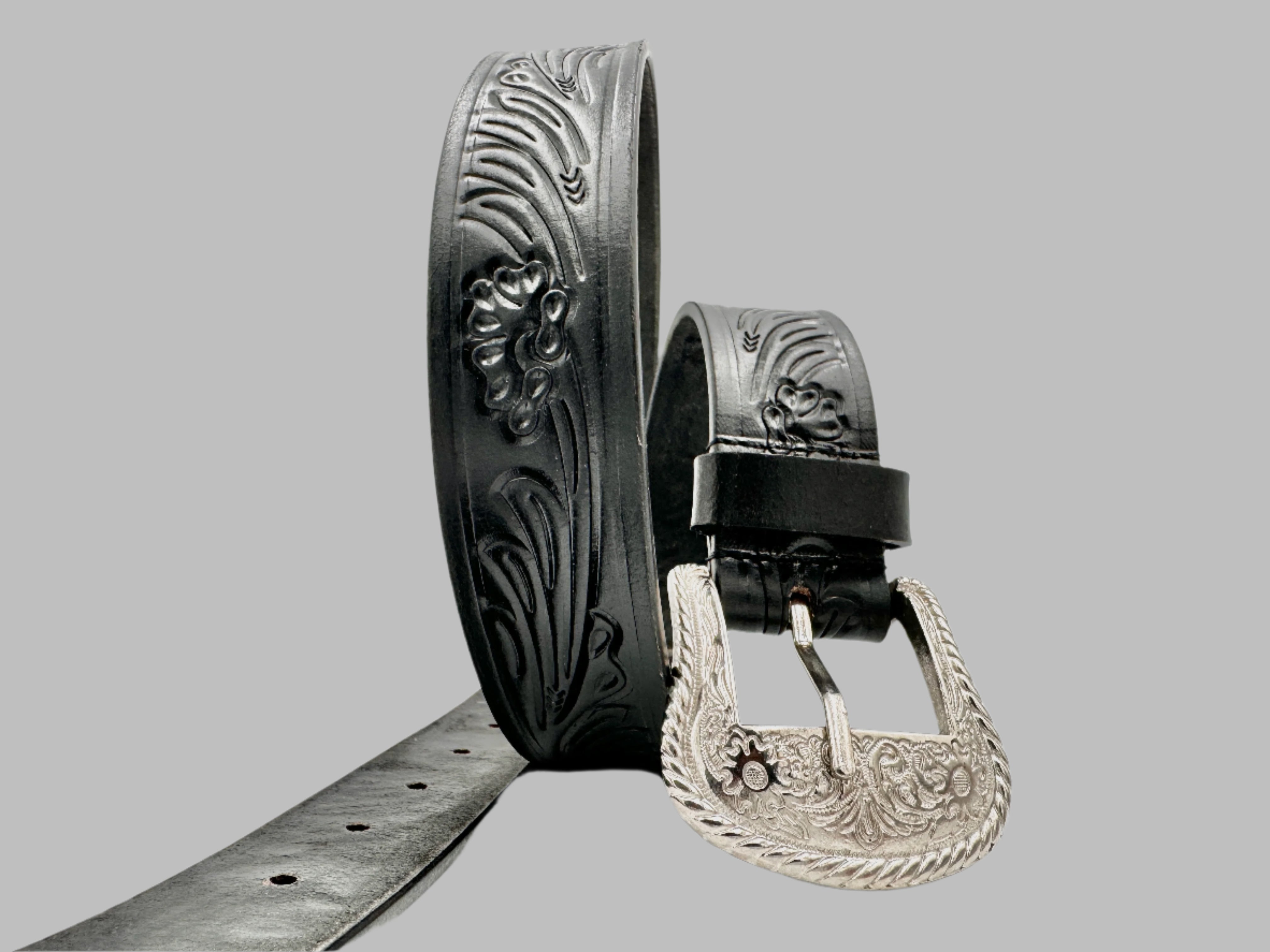 Hand Carved Cowboy Black Leather Belt 38mm