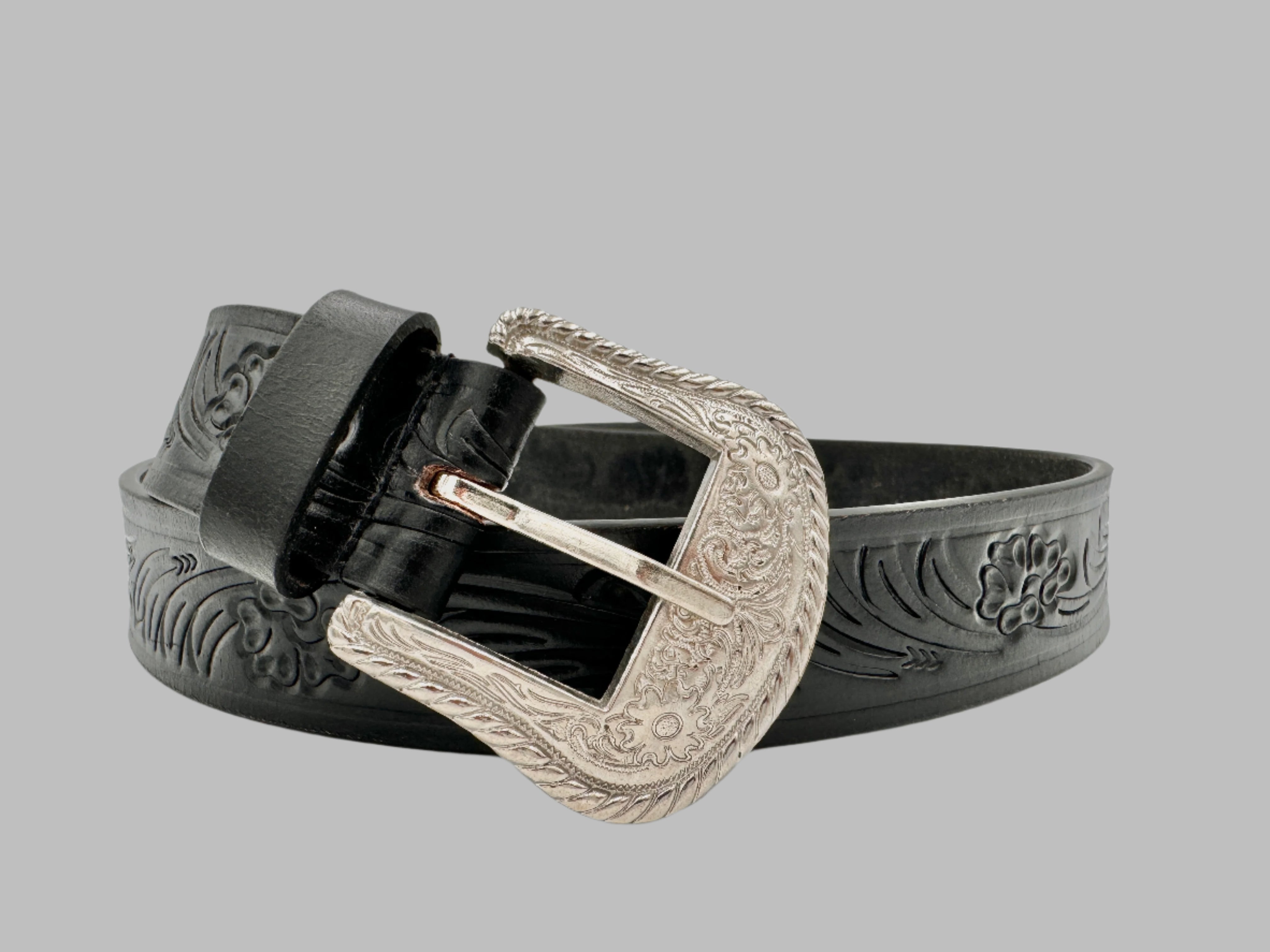 Hand Carved Cowboy Black Leather Belt 38mm