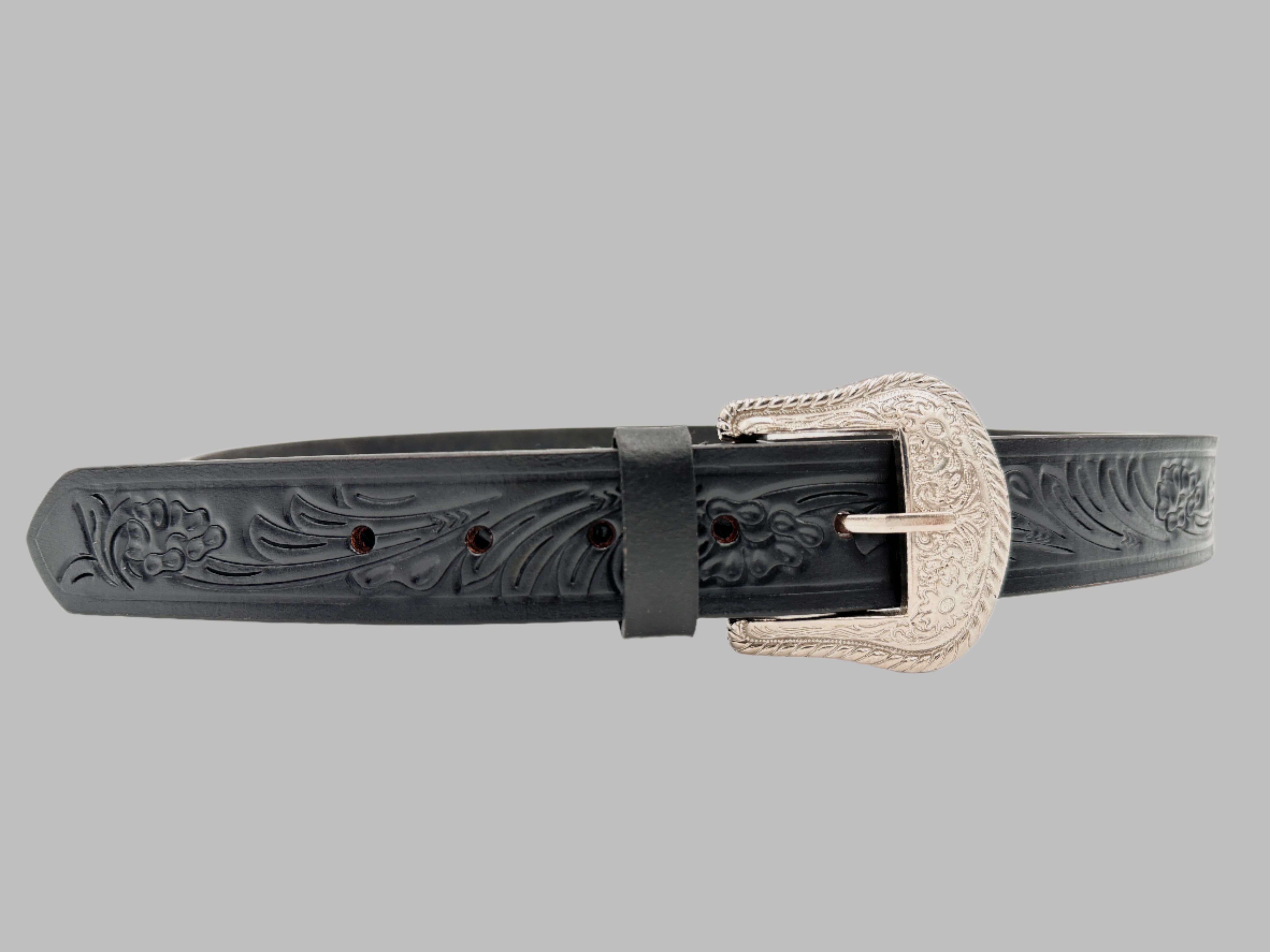 Hand Carved Cowboy Black Leather Belt 38mm