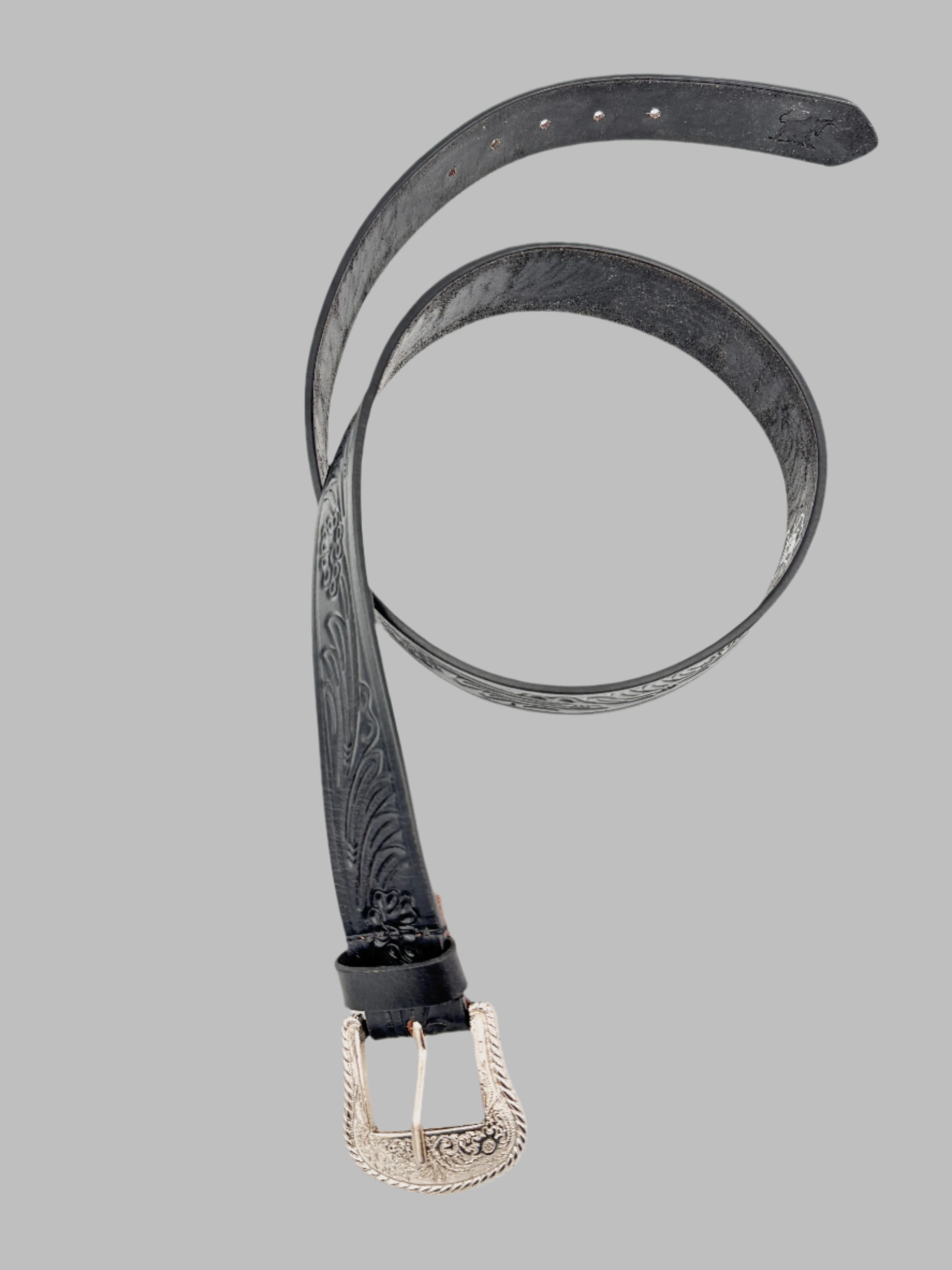 Hand Carved Cowboy Black Leather Belt 38mm