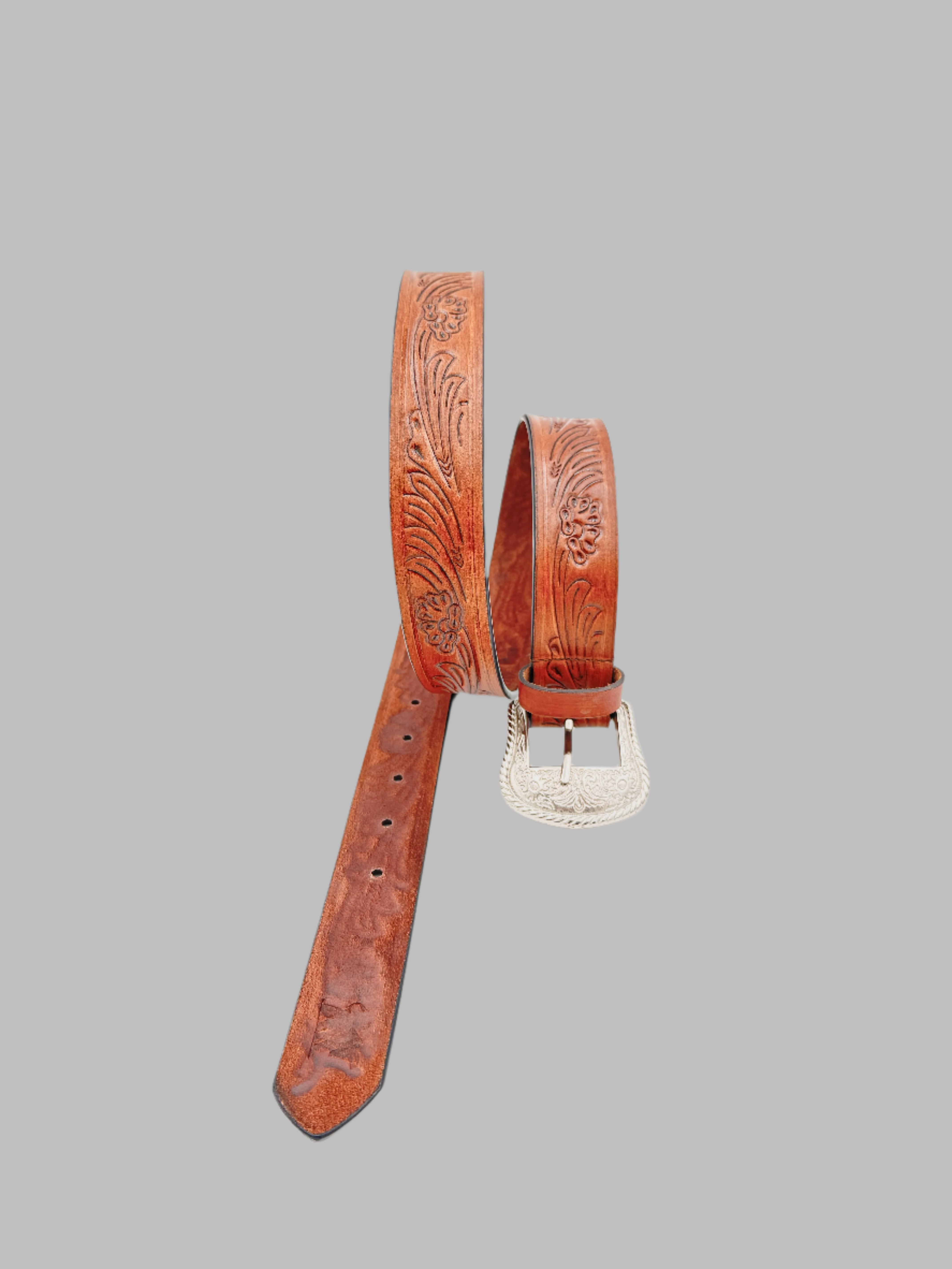 Hand Carved Light Brown Cowboy Leather Belt 38mm