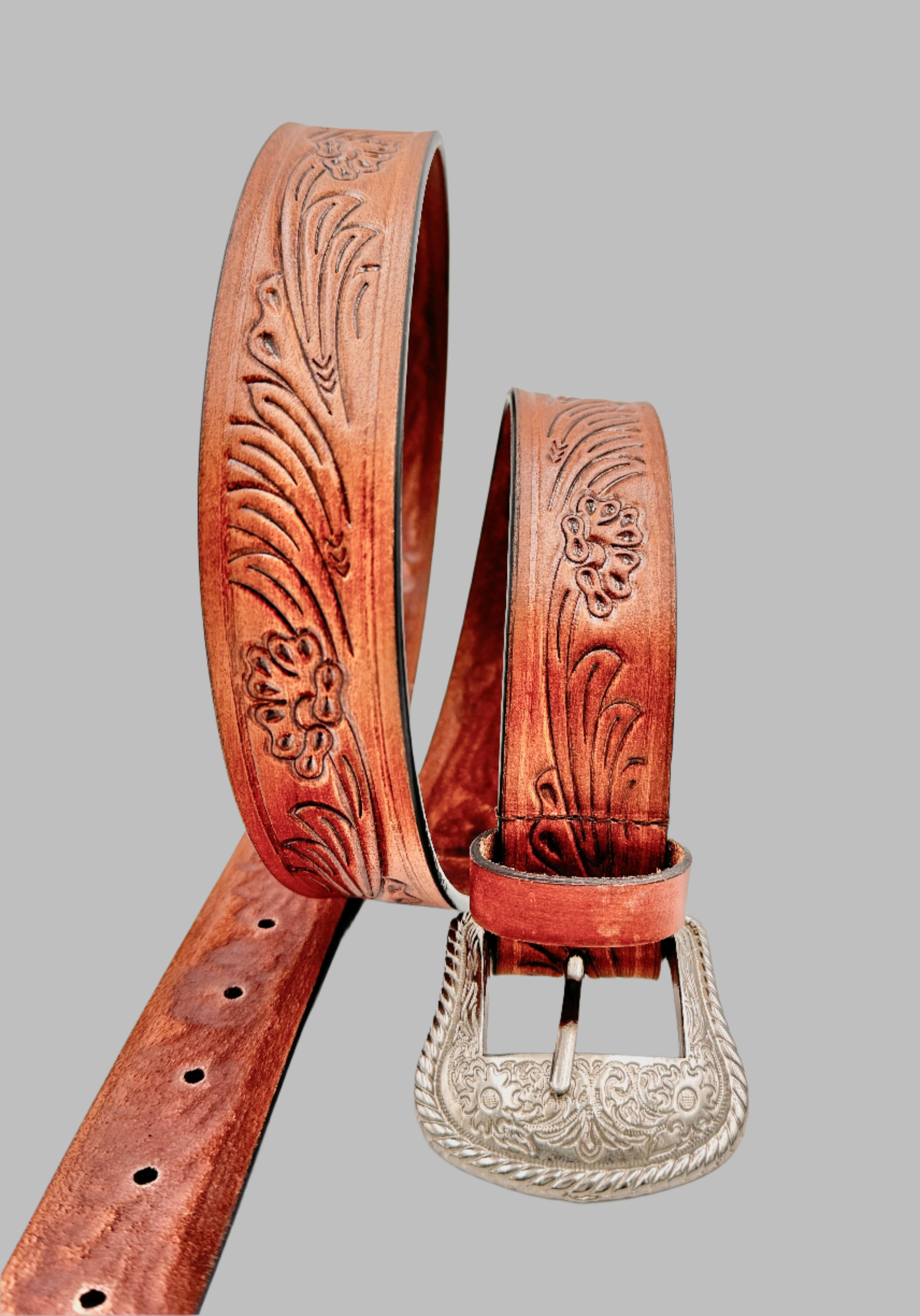 Hand Carved Light Brown Cowboy Leather Belt 38mm