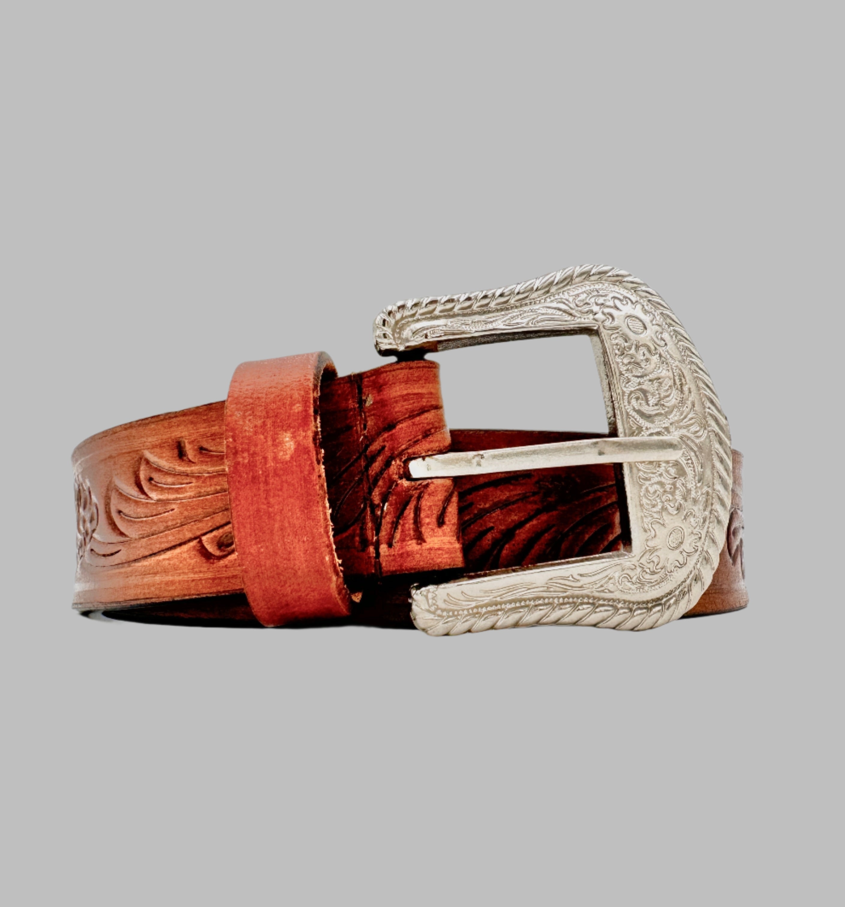 Hand Carved Light Brown Cowboy Leather Belt 38mm