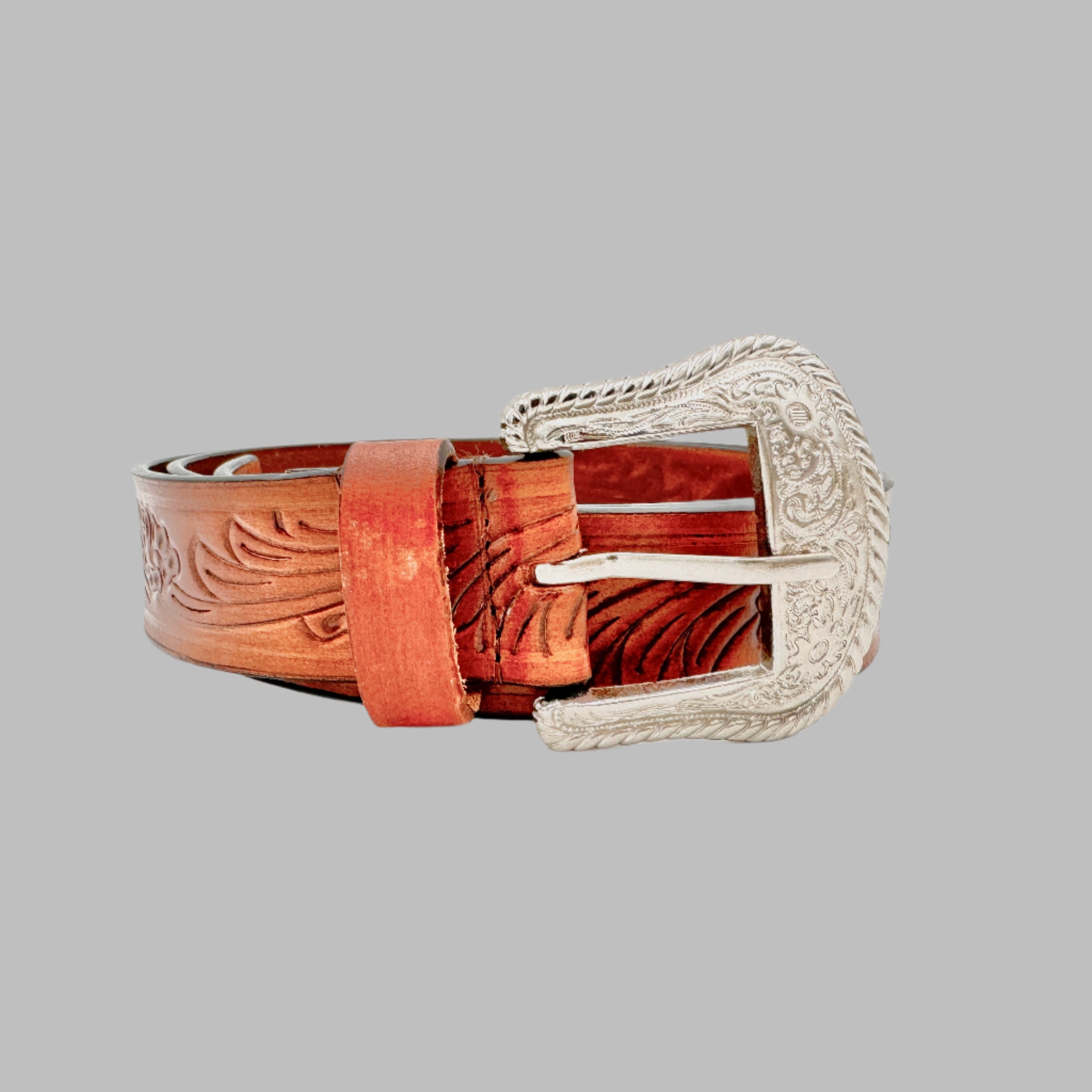 Hand Carved Light Brown Cowboy Leather Belt 38mm