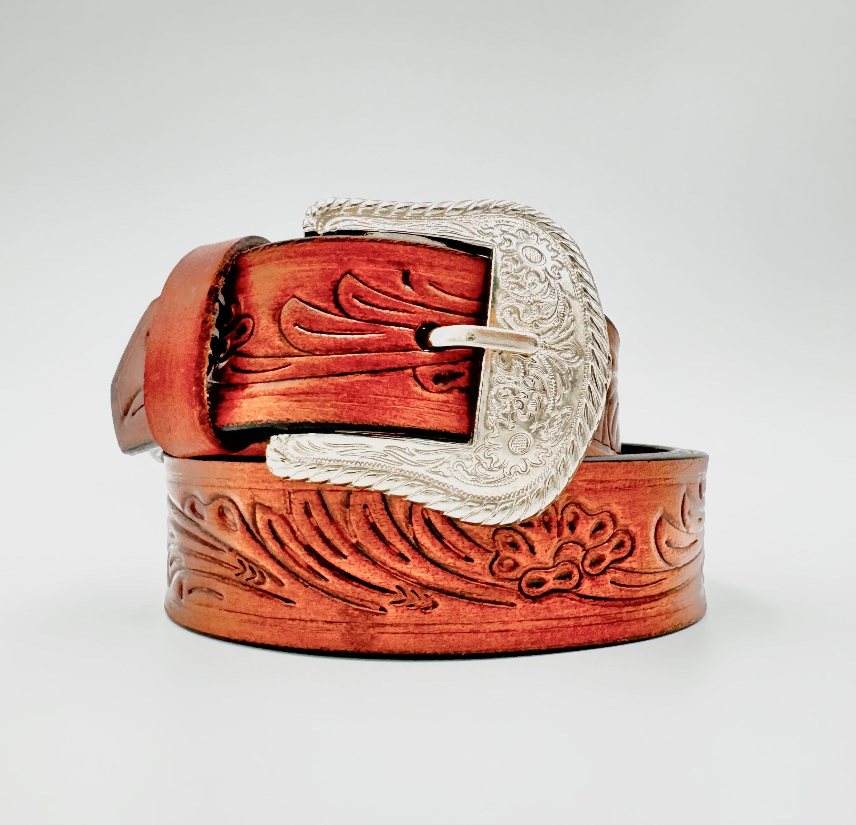 Hand Carved Light Brown Cowboy Leather Belt 38mm