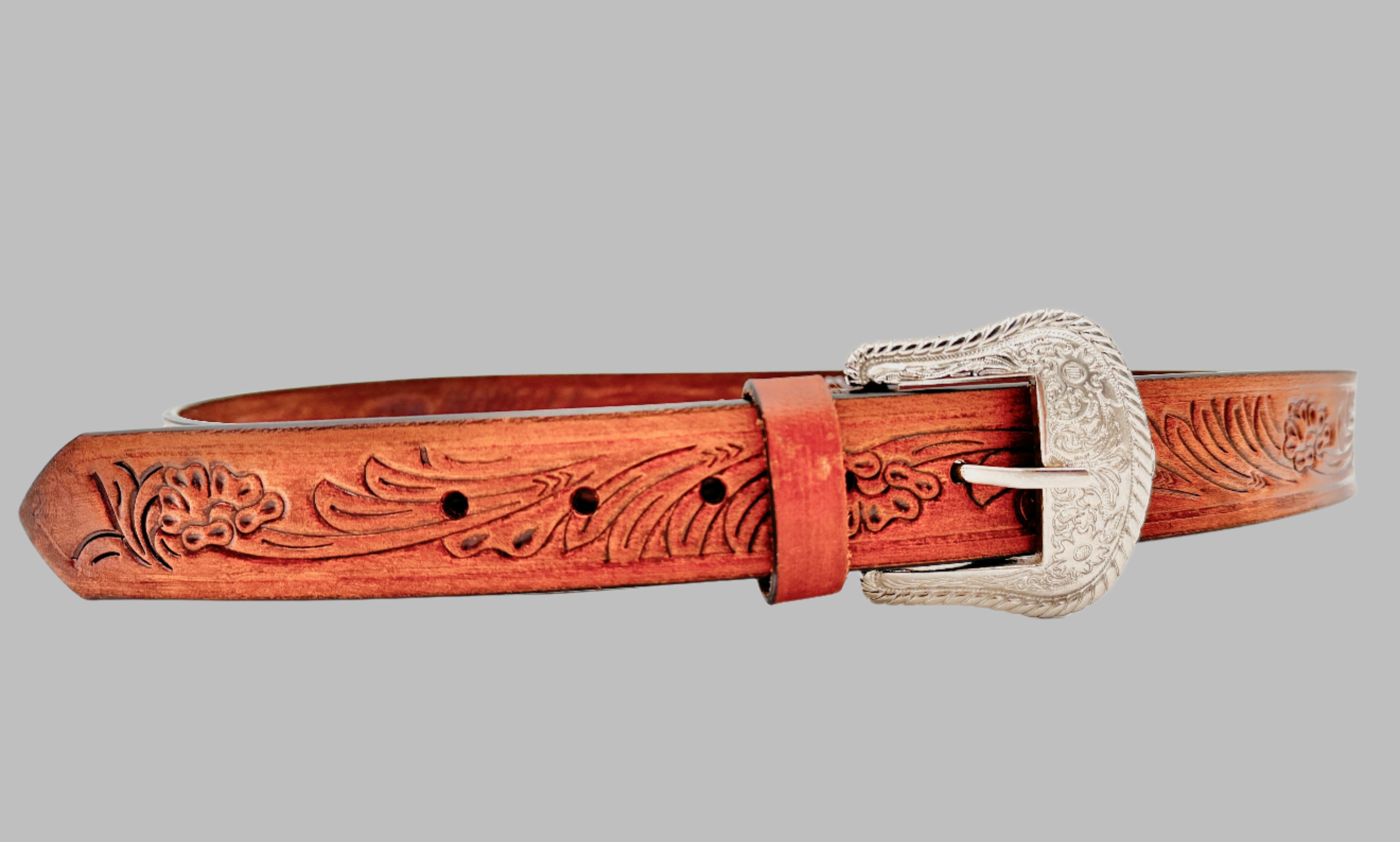 Hand Carved Light Brown Cowboy Leather Belt 38mm