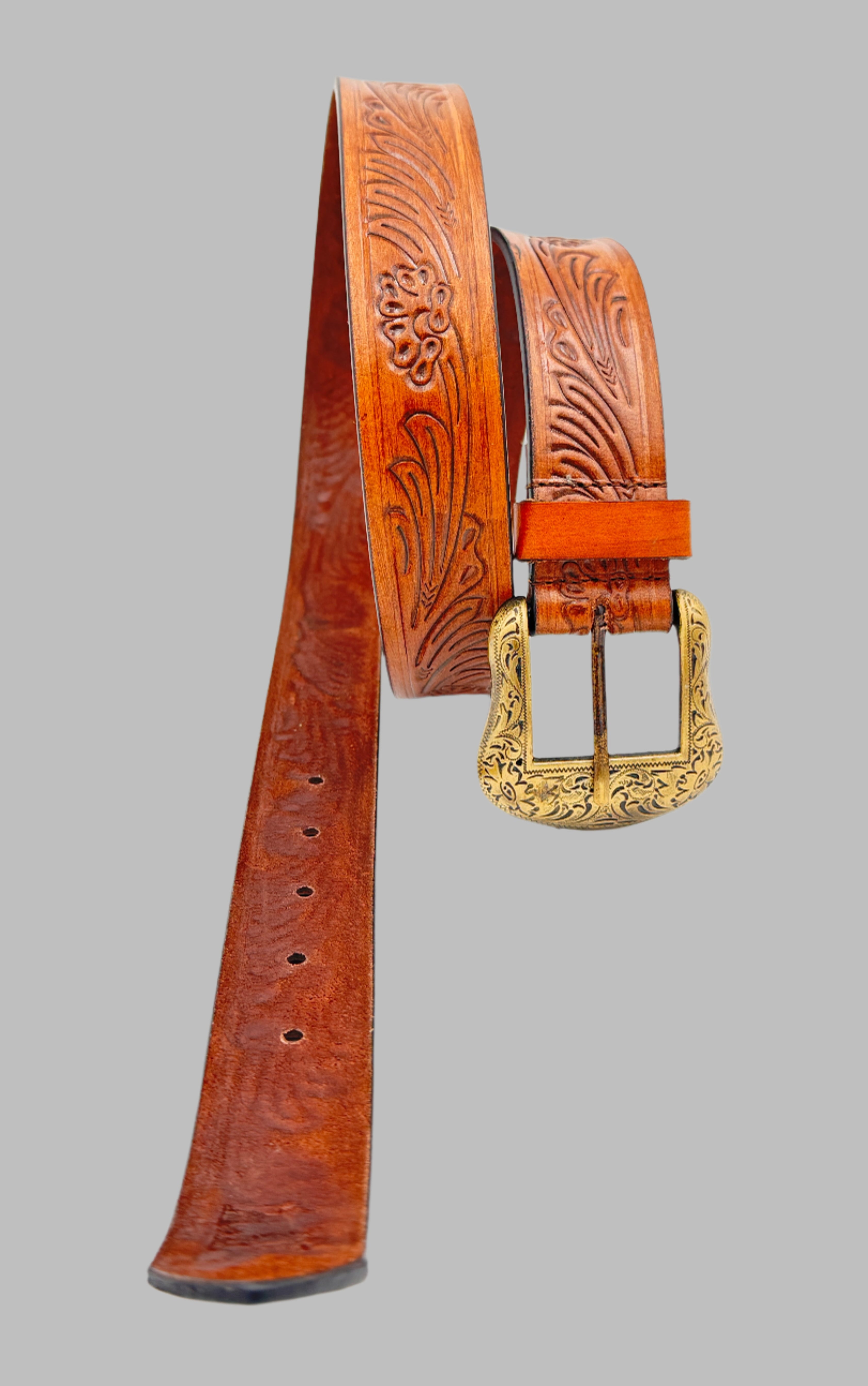 Hand Carved Dark Brown Cowboy Leather Belt 38mm