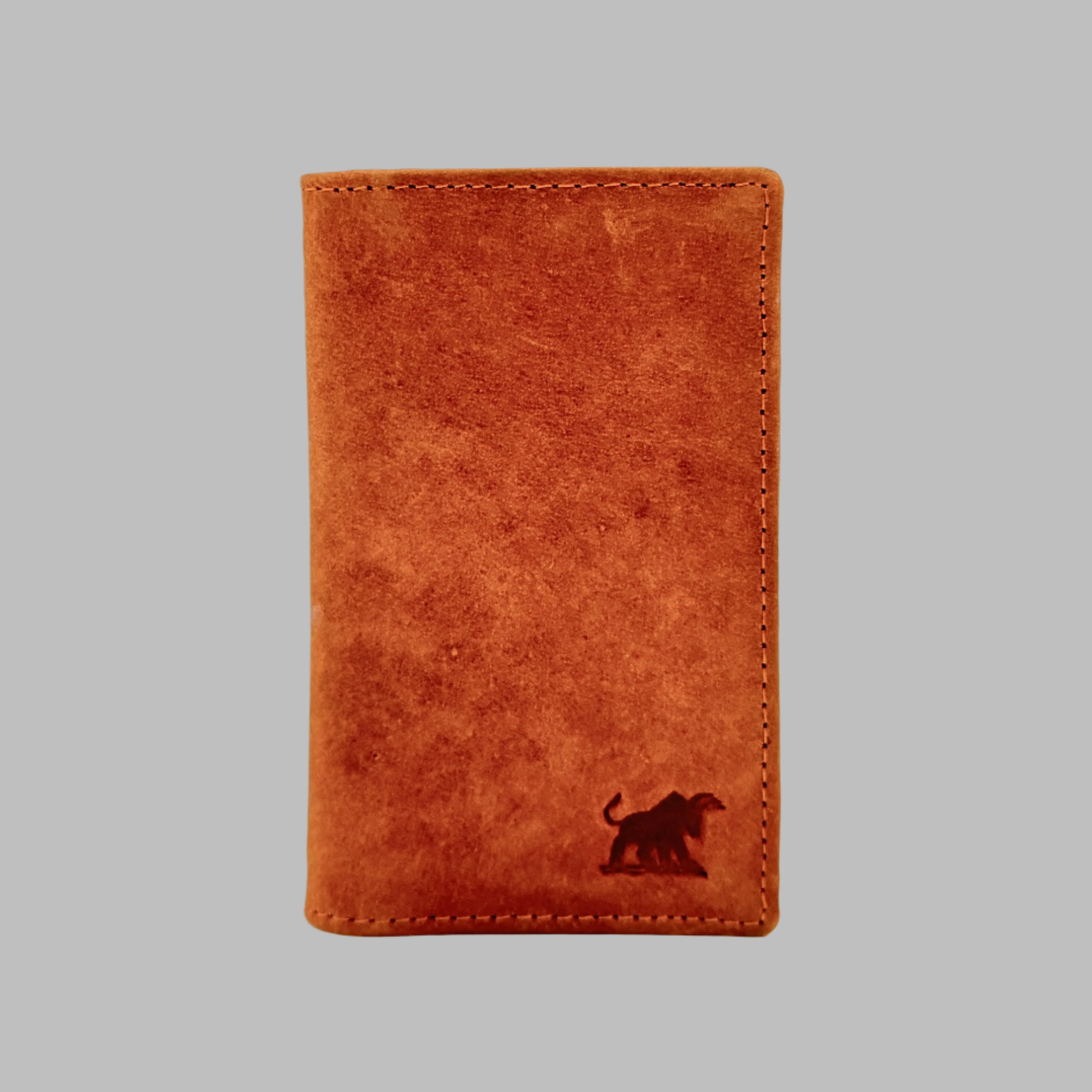 A brown, solid patterned long wallet with a sleek design, closed and viewed from the front.