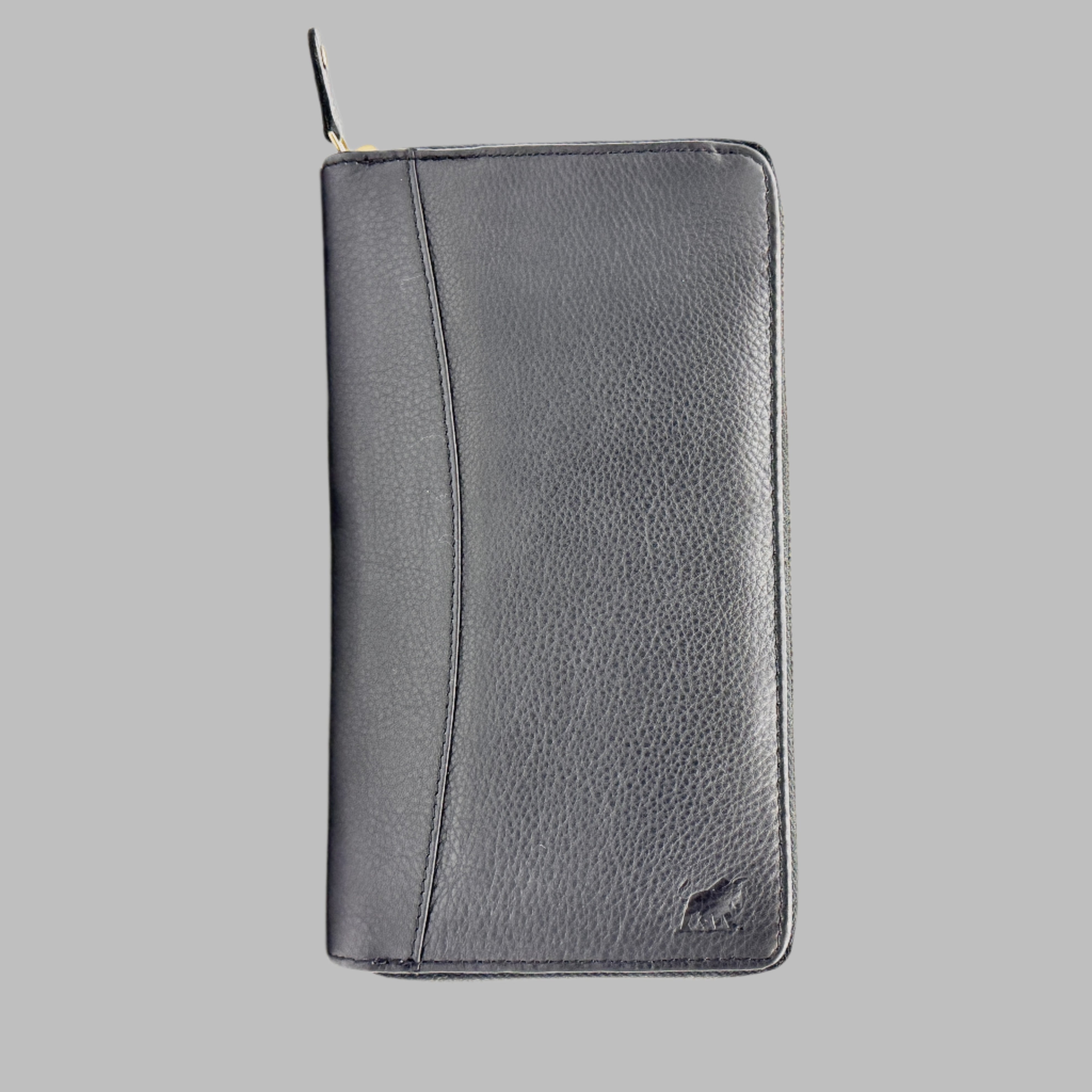A black leather ladies clutch with a zipper closure and a subtle embossed pattern. It features a detachable wrist strap and appears sleek and compact in design.