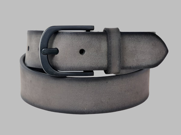 A grey leather belt with a buckle, displayed against a plain background.