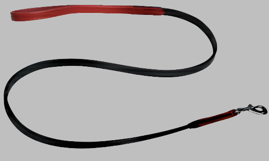 A red and black pet leash with a metal clasp, displayed against a white background.