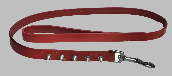A red leash with a metal buckle and multiple ring attachments for a pet.
