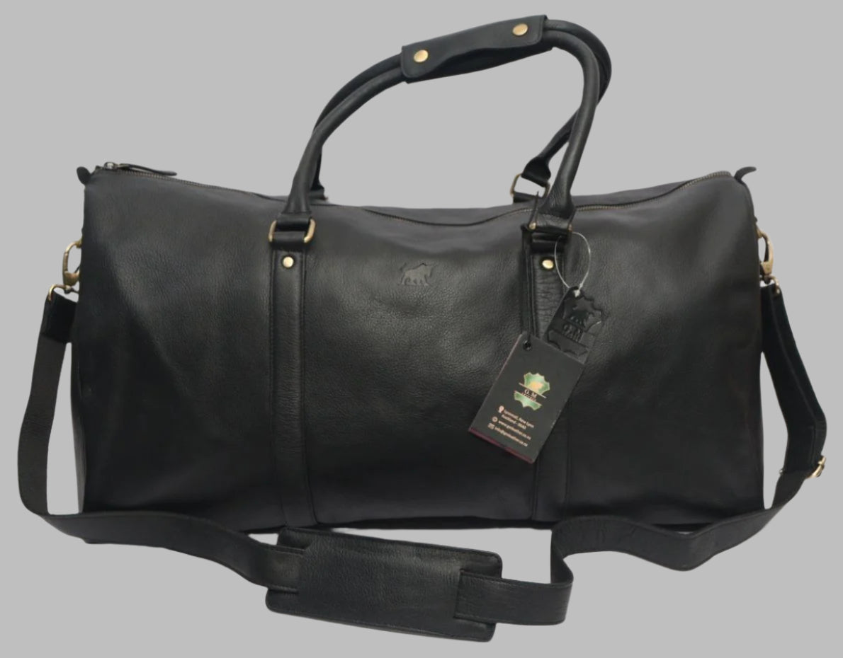 Black leather duffle bag with a detachable shoulder strap, displayed against a white background.