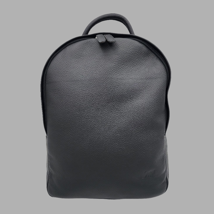 A black pebbled leather backpack with a front zipper pocket and a top handle.