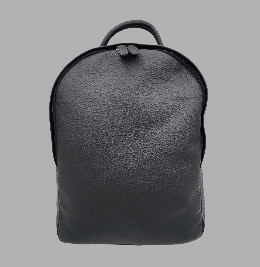 A black pebbled leather backpack with a front zipper pocket and a top handle.