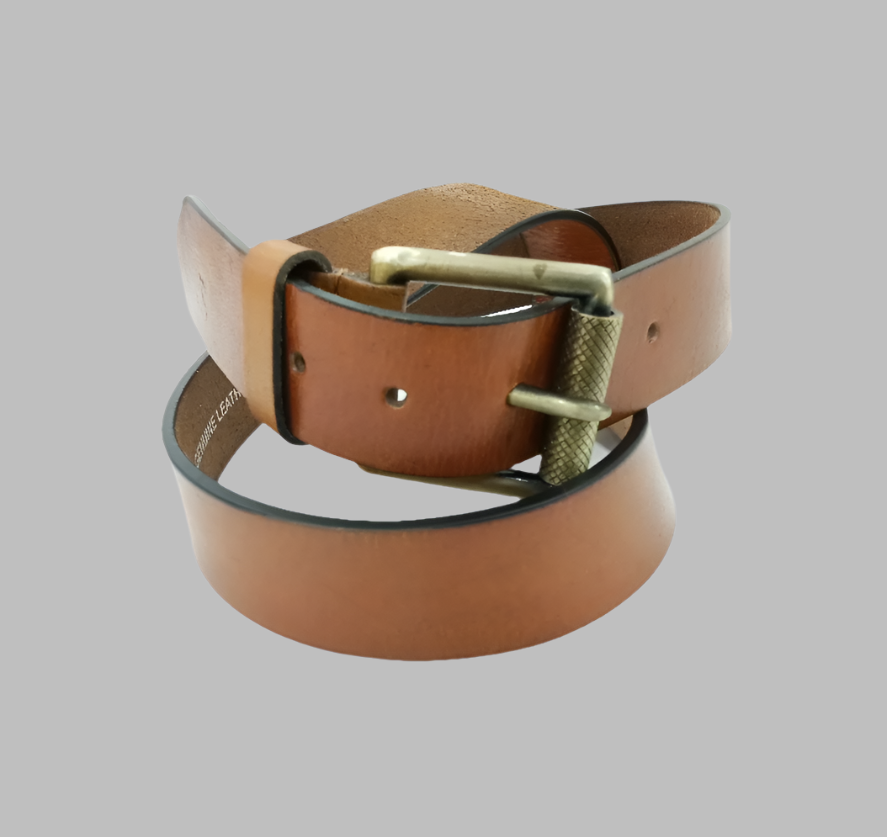 A brown leather belt with a metallic buckle, displayed against a plain background.
