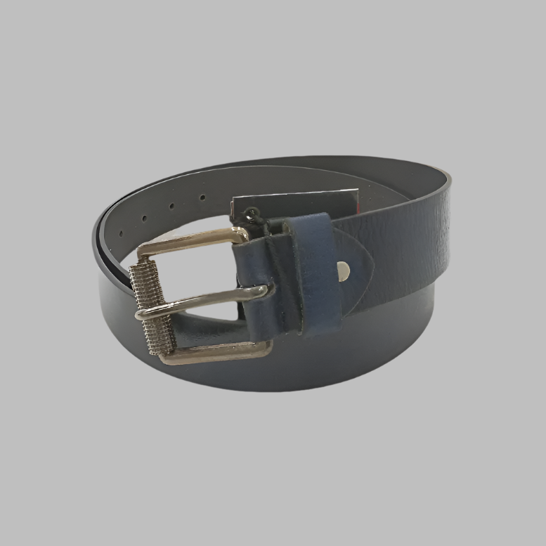 A dark blue leather belt with a metal buckle, the belt is laid flat on a plain background.