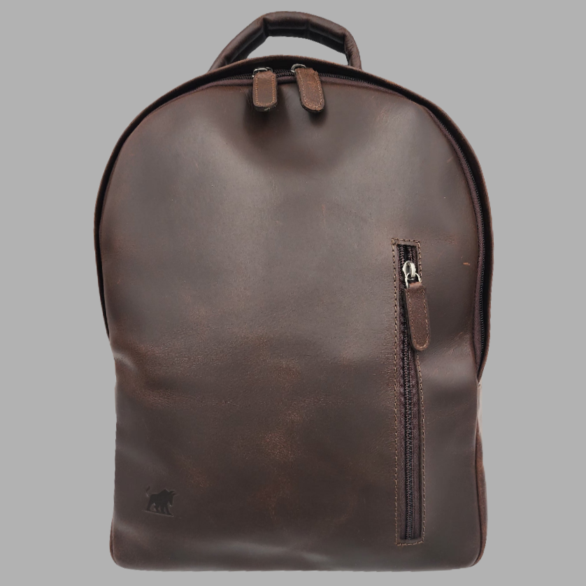 A brown leather backpack with a front zipper pocket and a small animal emblem on the lower side.