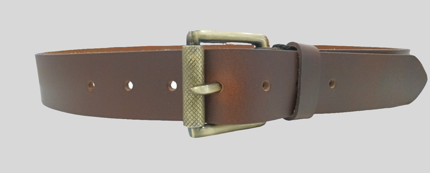 Brown leather belt with brass buckle on a light gray background