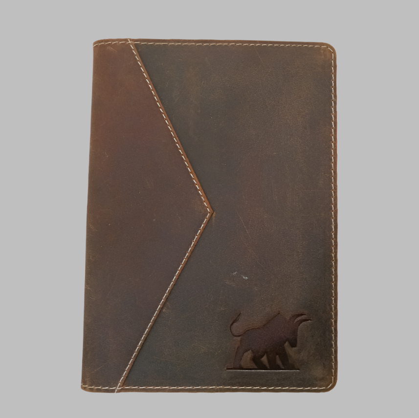 Brown leather wallet with a bull emblem on a white background