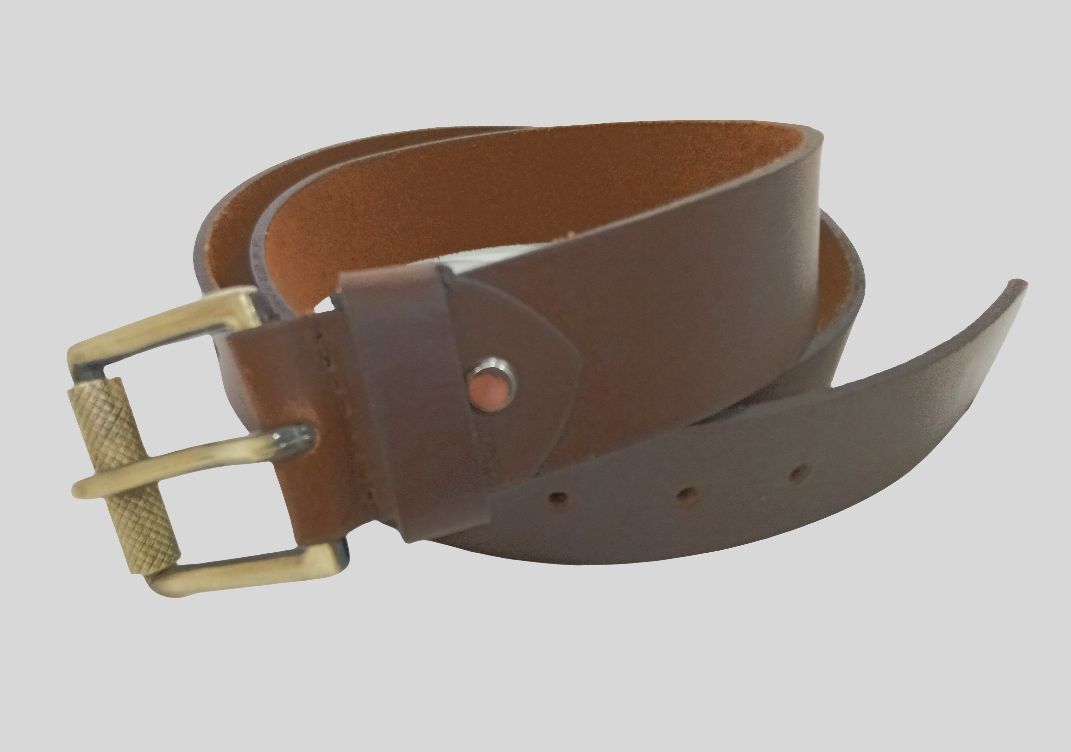Brown leather belt with a brass buckle on a light gray background