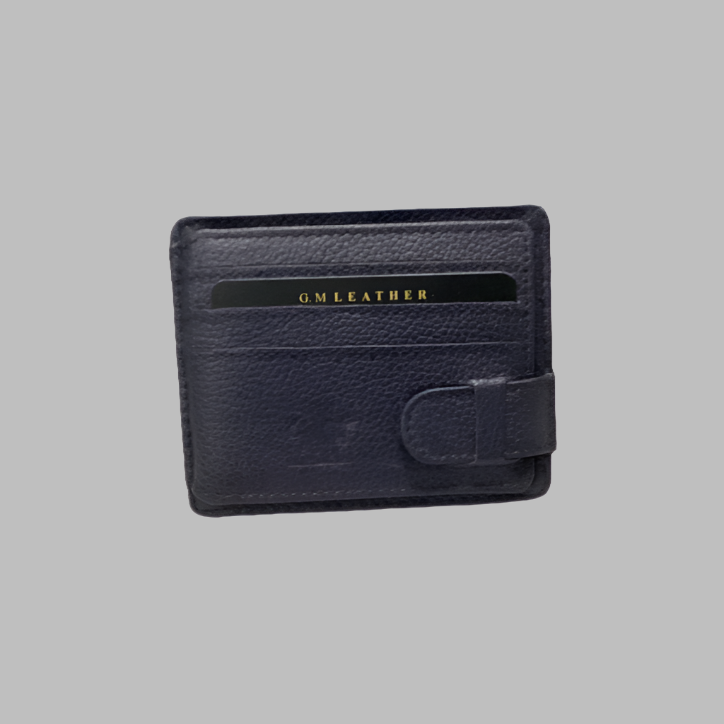A blue leather card holder with the brand name 'GMLEATHER' embossed on the bottom right.