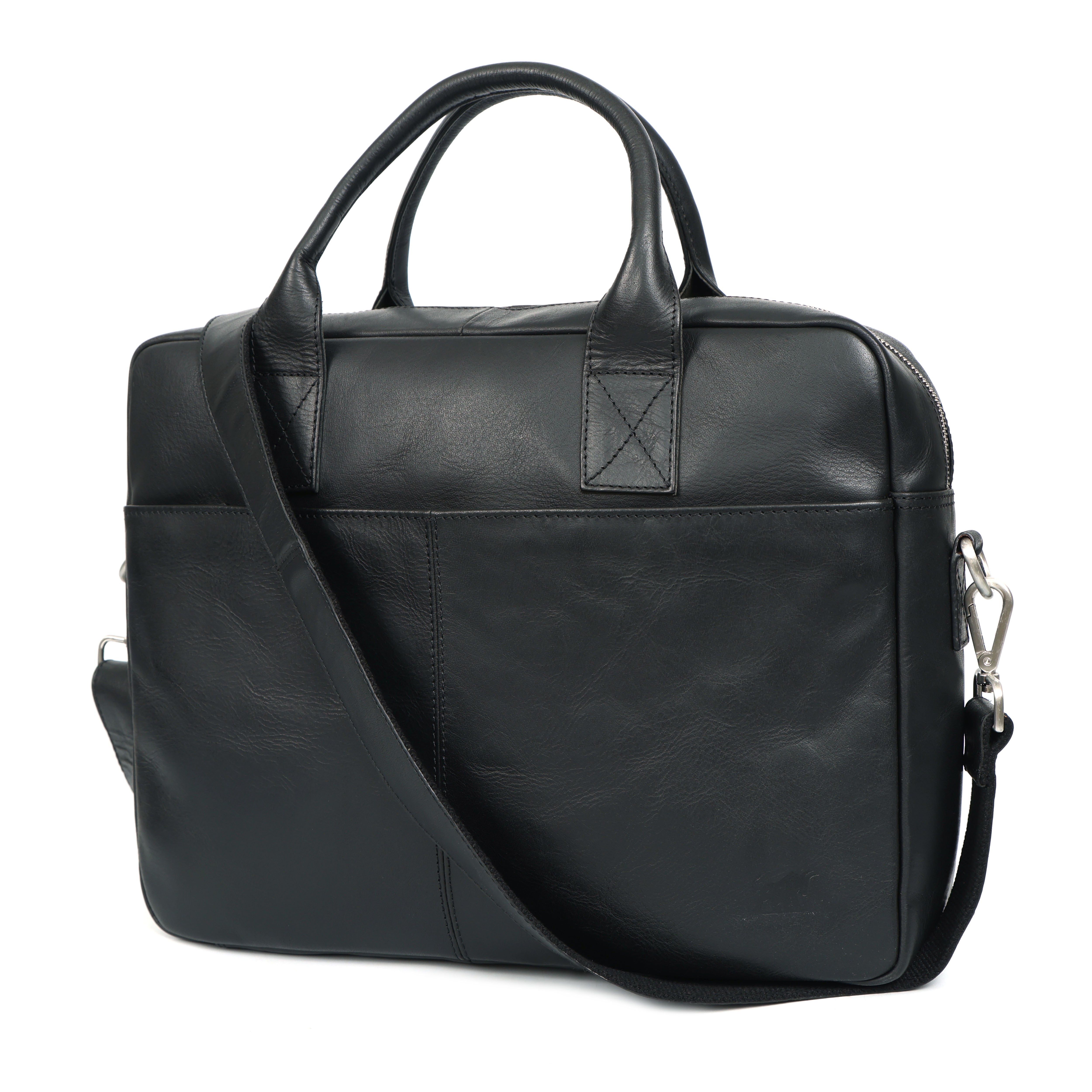 black full-grain leather business briefcase with top handles and a detachable shoulder strap, shown on a white background.