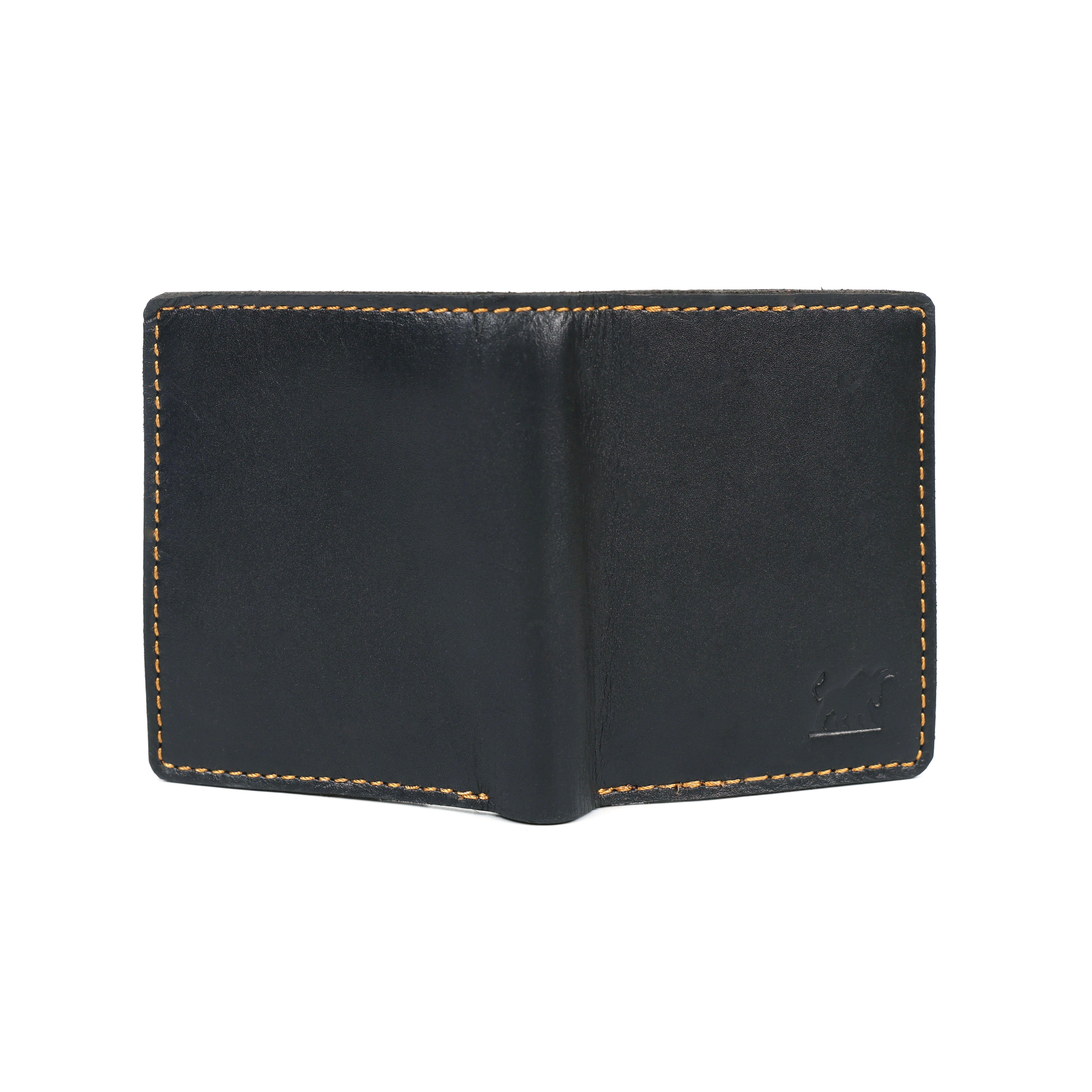 Open view of the ImperialCraft handstitched black leather wallet displaying spacious compartments for cards and cash in a minimalist luxury design.