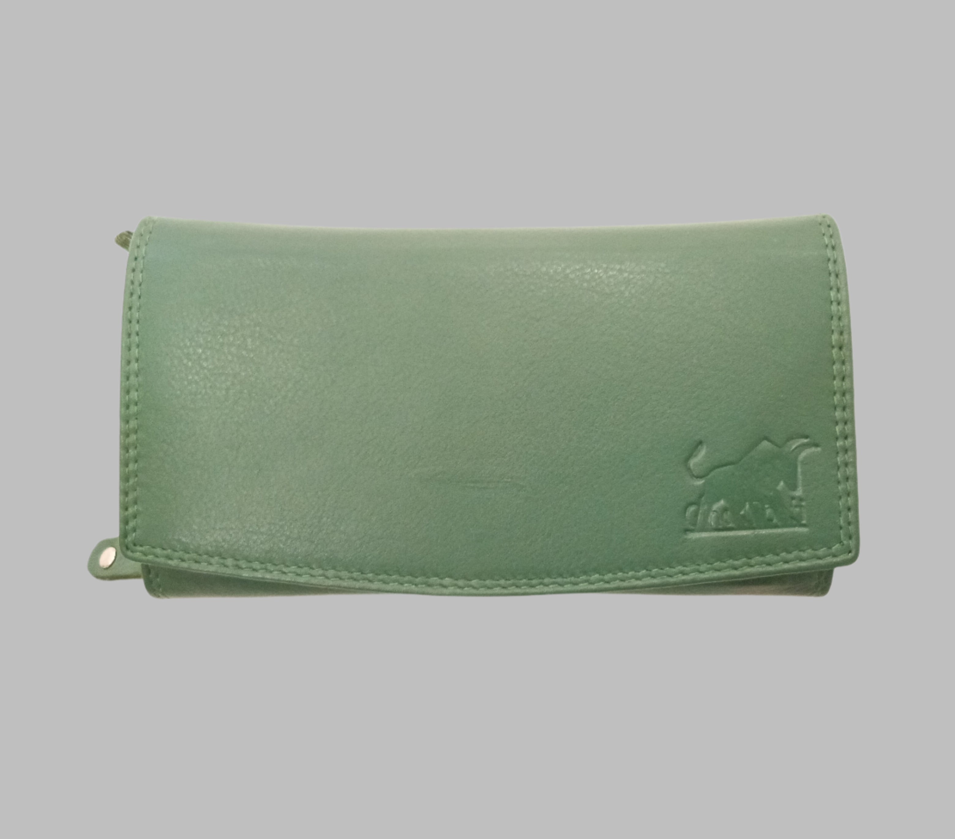 A green leather wallet with multiple compartments, featuring a sleek, slim design.