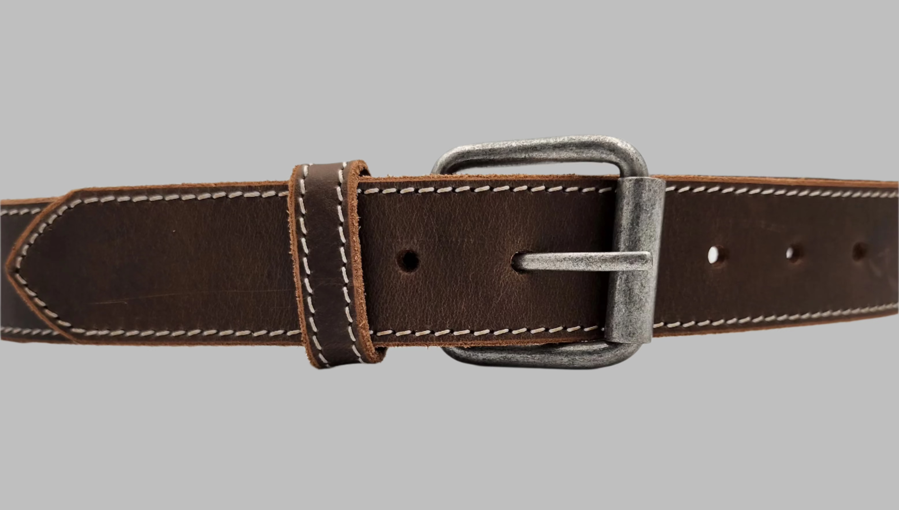 Brown Buff Hunter Stitched Leather Belt – Rugged Full-Grain Workwear Belt with Vintage Buckle 38mm