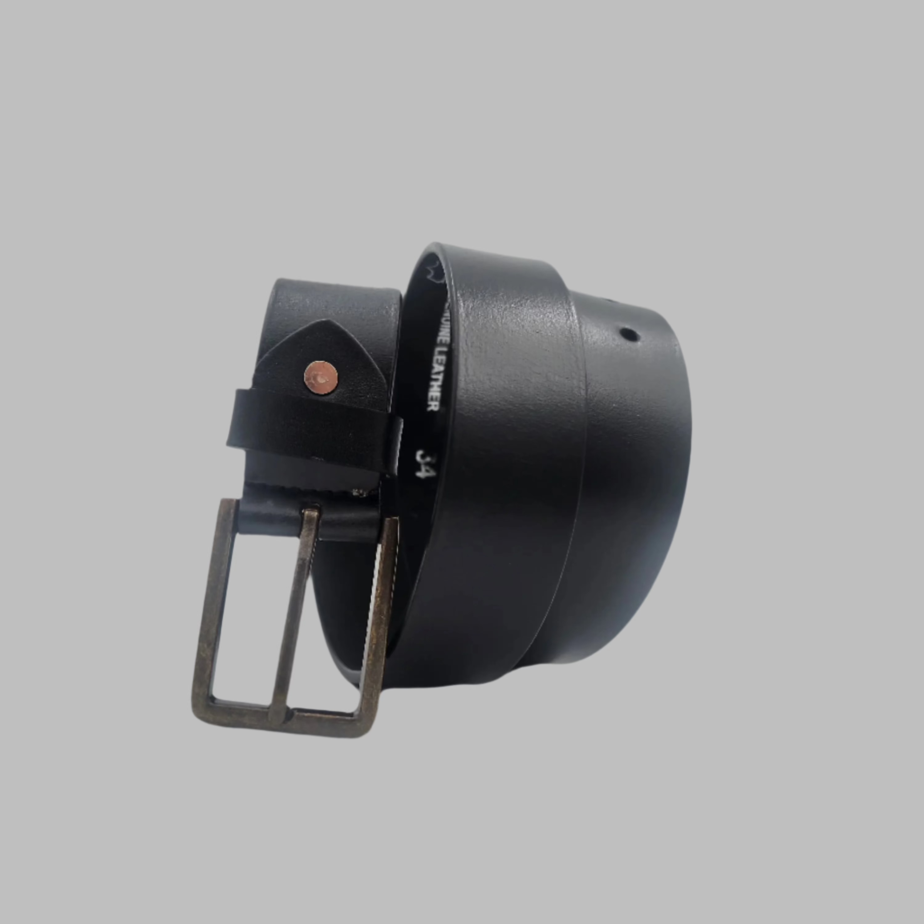 A black leather belt with a metallic buckle, displaying the full-grain texture and a natural hide finish.