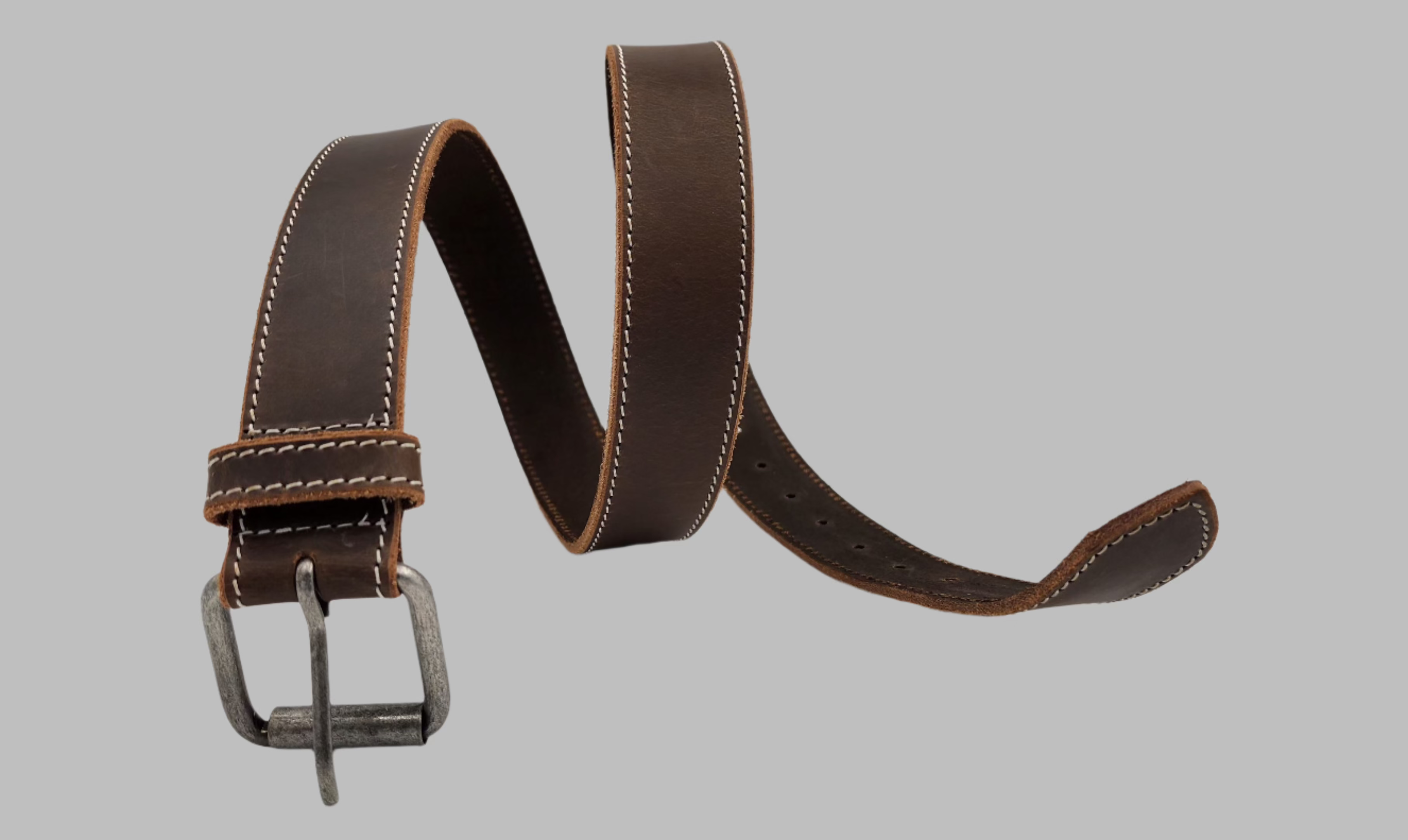 Brown Buff Hunter Stitched Leather Belt – Rugged Full-Grain Workwear Belt with Vintage Buckle 38mm