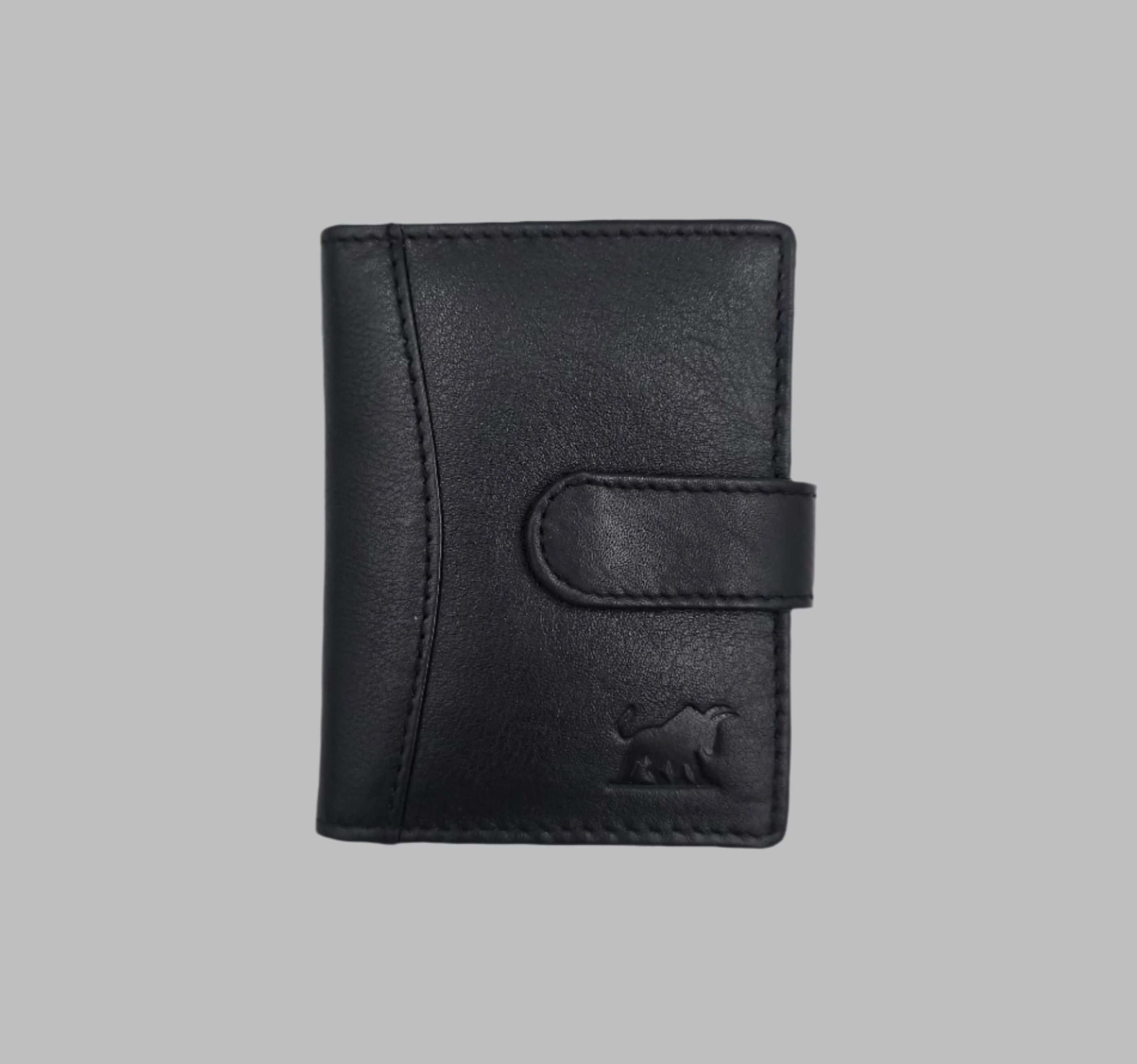 A black card case with a clasp closure, displayed against a white background.