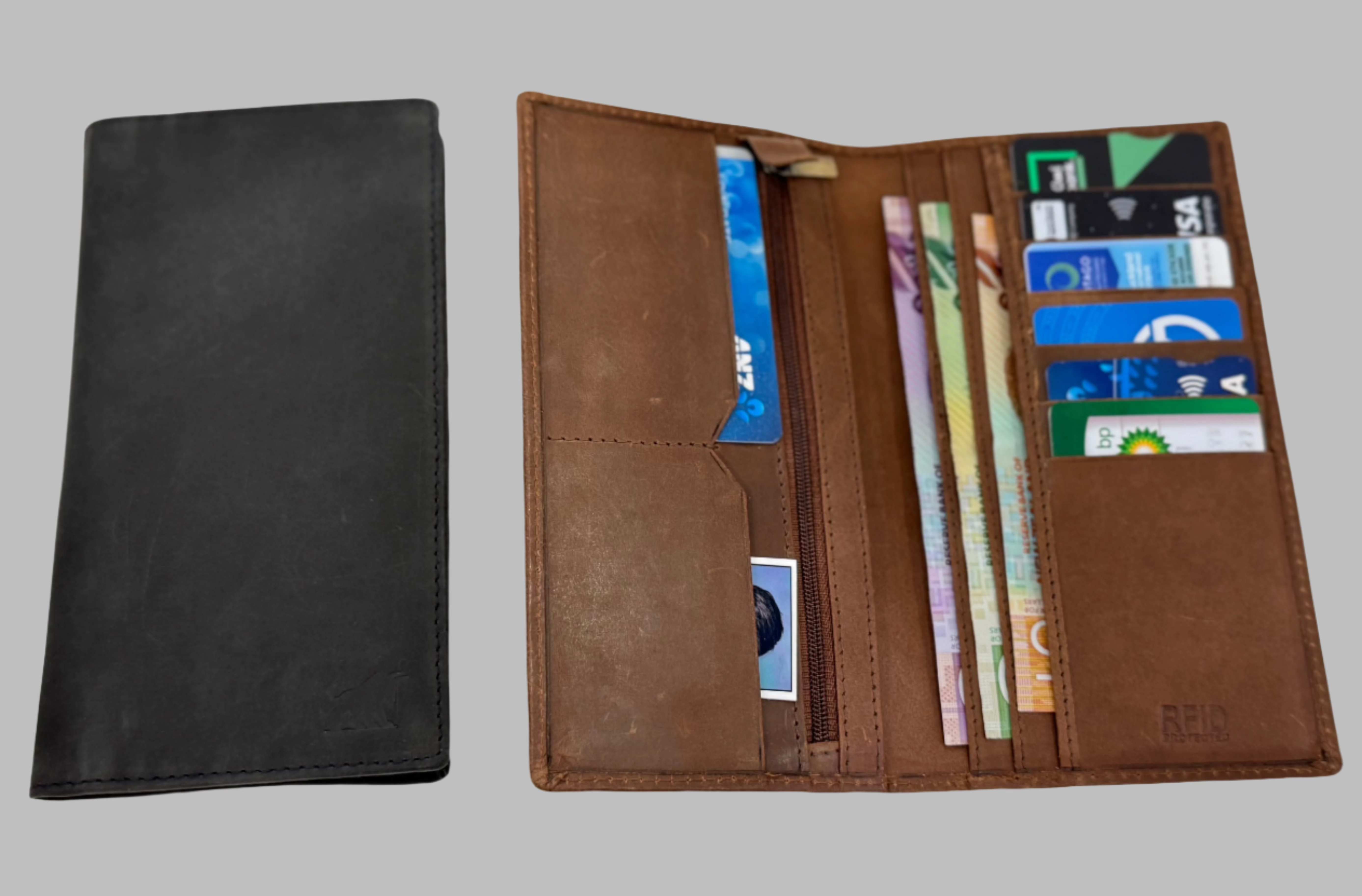 A black and a brown long wallet with multiple card slots and a zippered coin pocket, displayed open.
