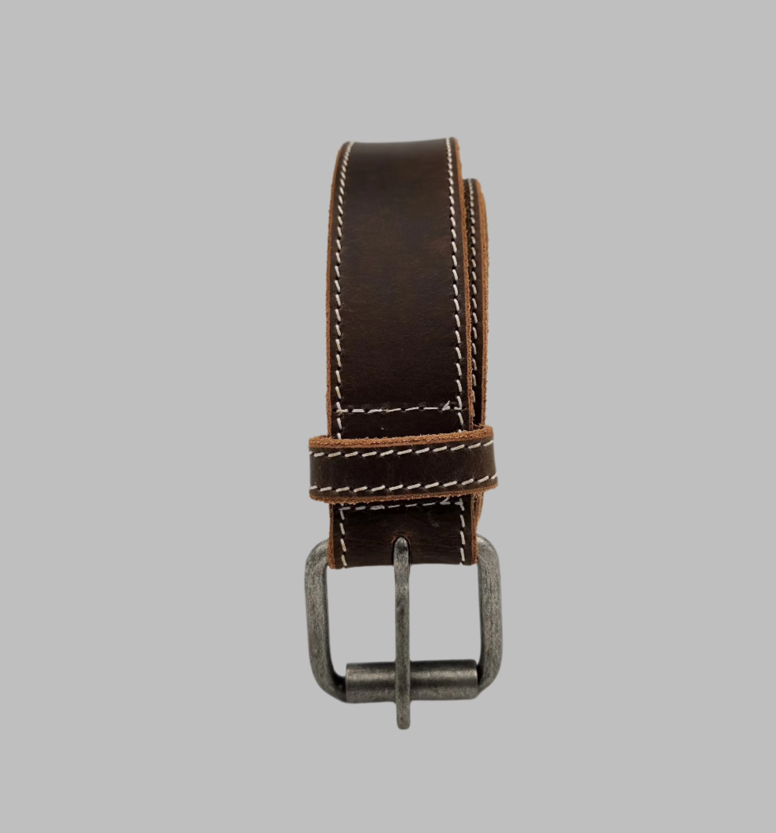 Brown Buff Hunter Stitched Leather Belt – Rugged Full-Grain Workwear Belt with Vintage Buckle 38mm