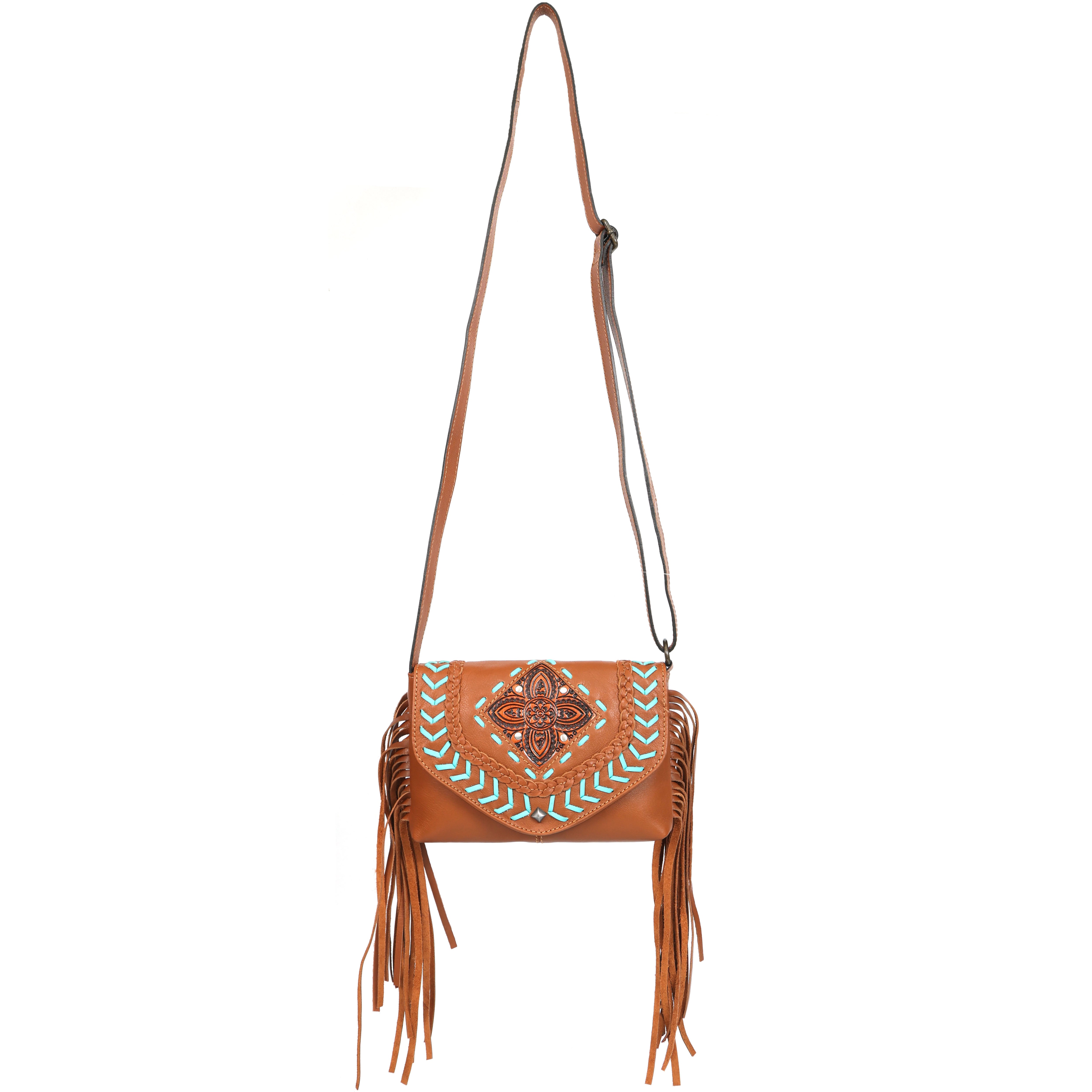 Front view of a tan leather crossbody bag with turquoise woven detailing, brown floral embossing, and long fringe tassels, displayed on a white background.