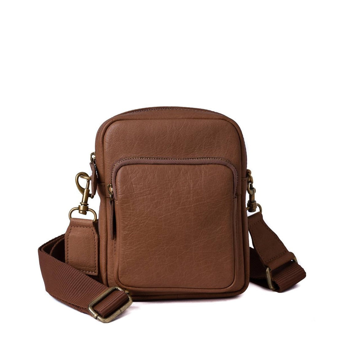 Brown leather crossbody bag on a white background