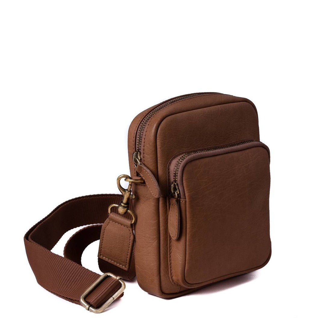 Brown leather crossbody bag on a white background