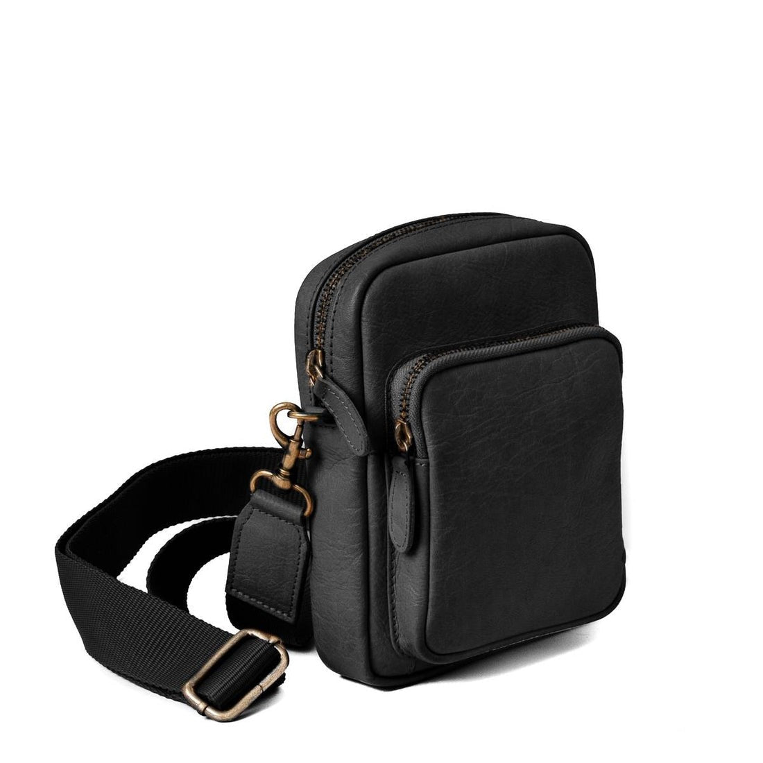 Black crossbody bag with a strap on a white background