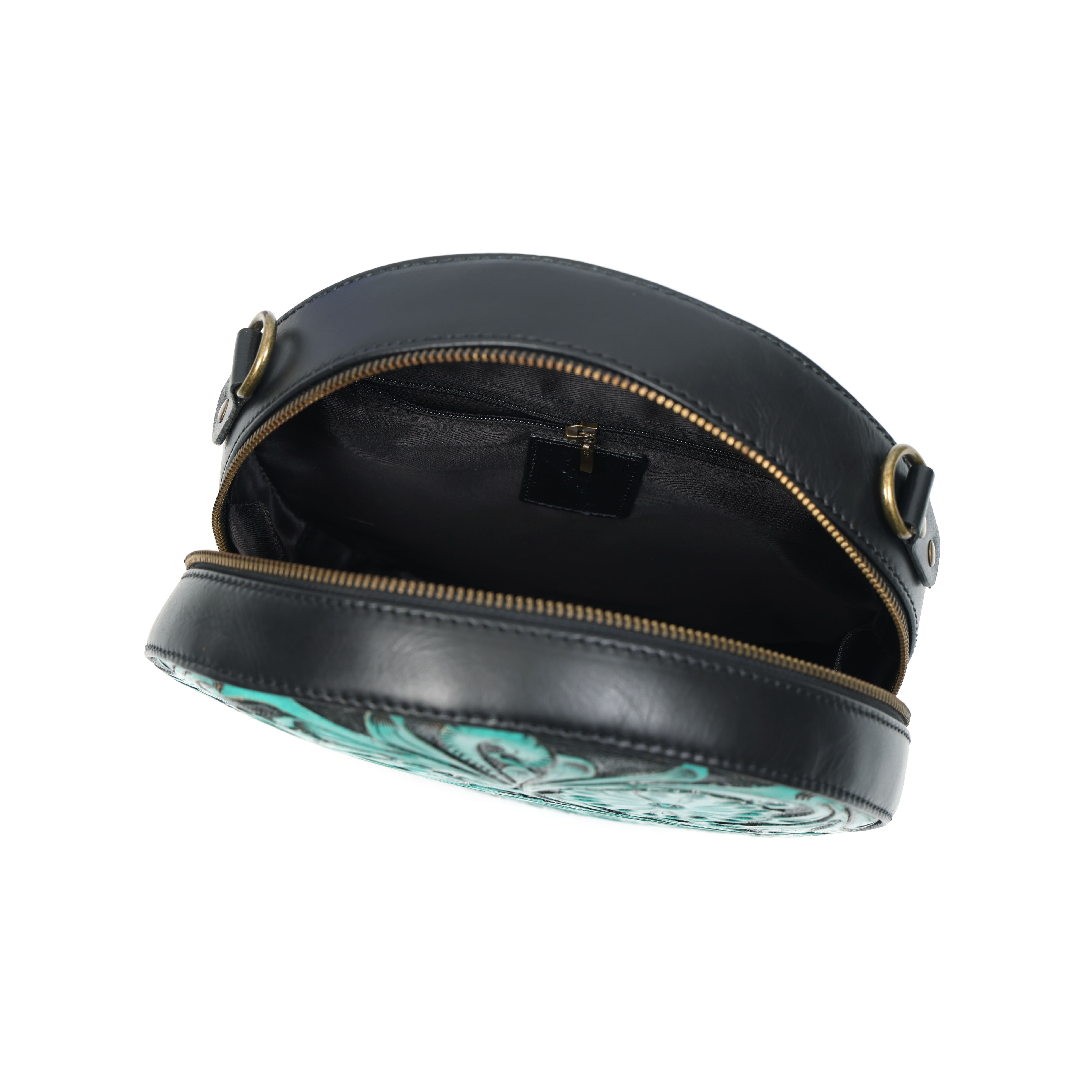 Luxury Round Hand-Tooled Leather Sling Bag – Artisan Floral Design(EL-GM-04-ON)