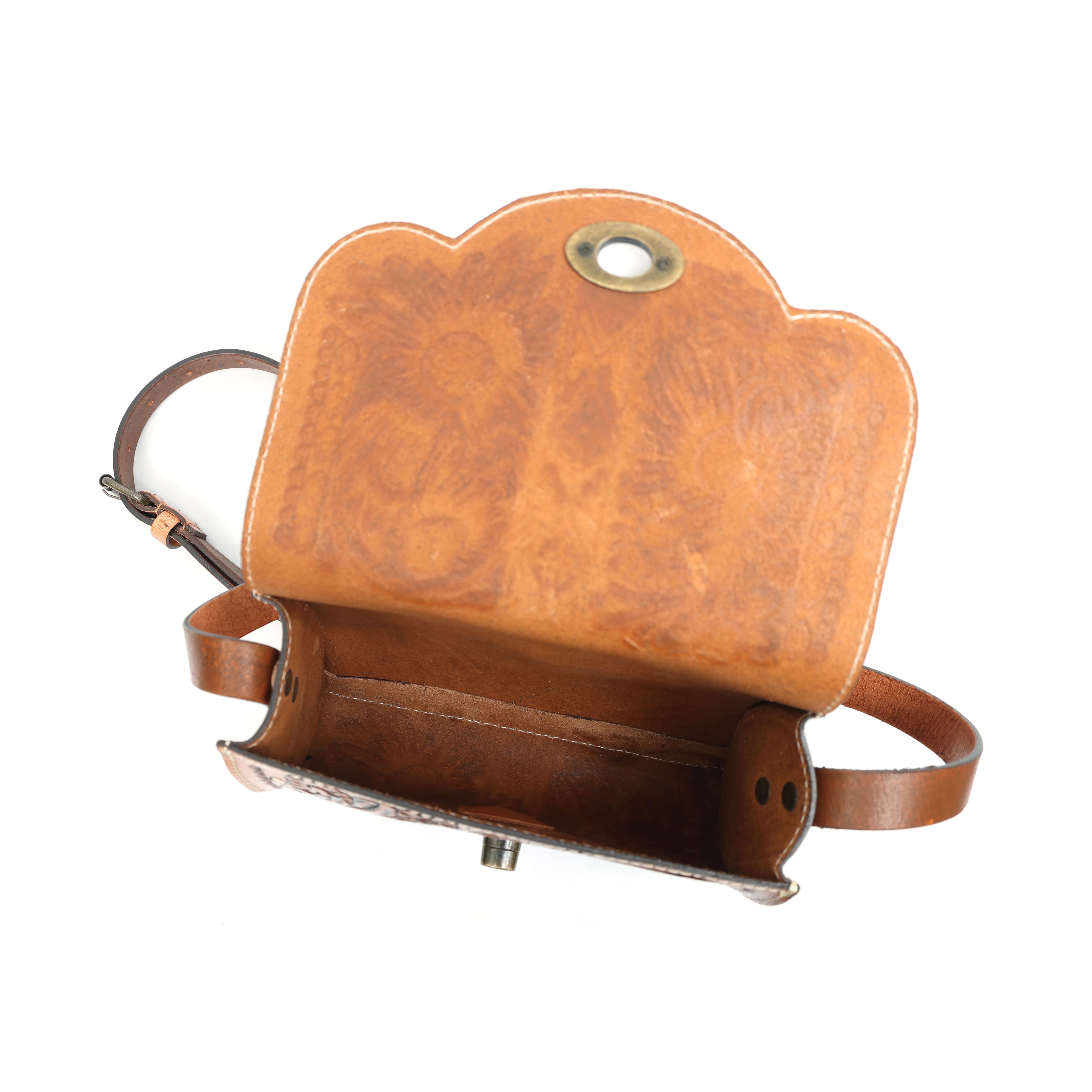 Hand-Tooled Leather Sling Bag with Red Elliptical Elderflower Bag(EL-ON-24)