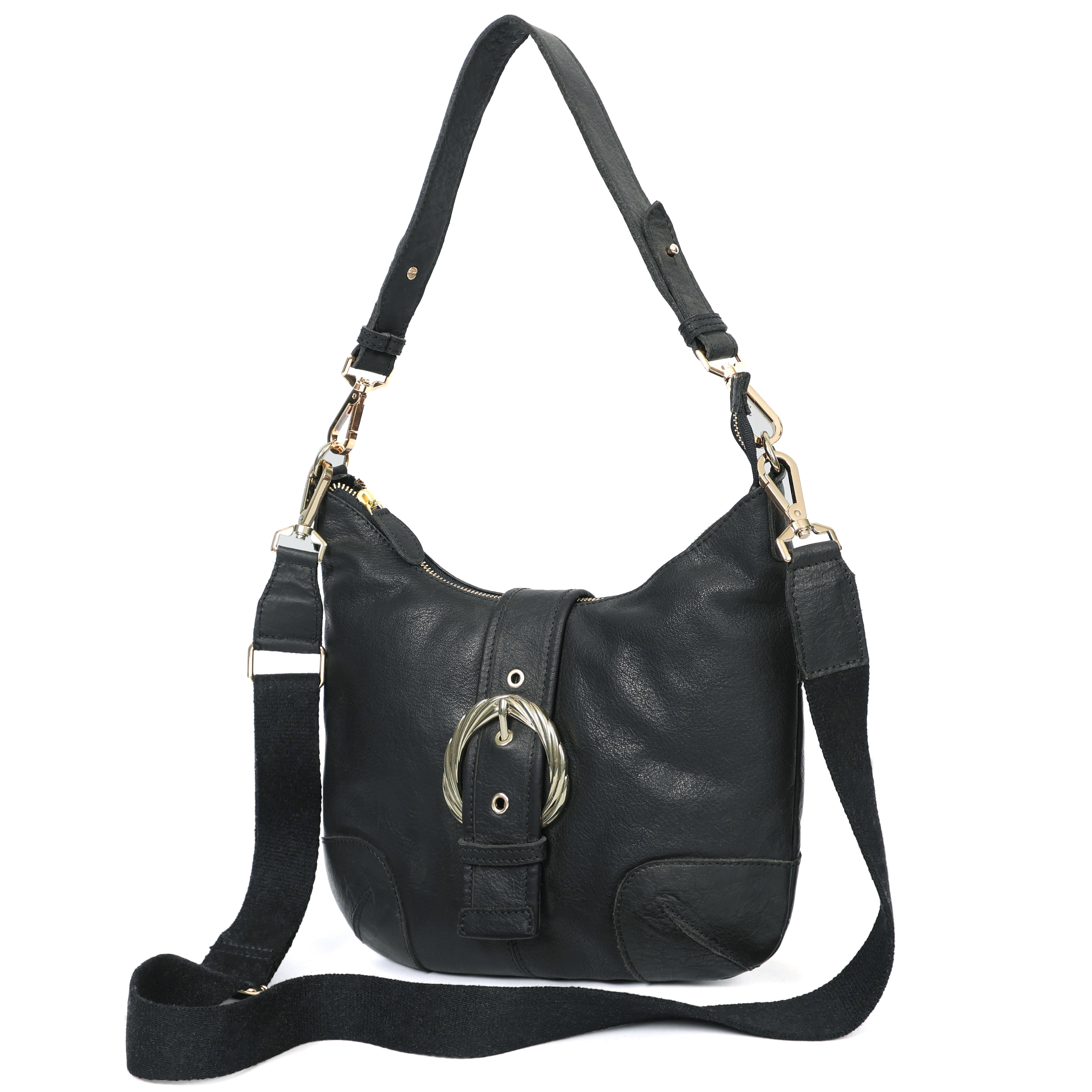 Black leather handbag with gold accents on a white background