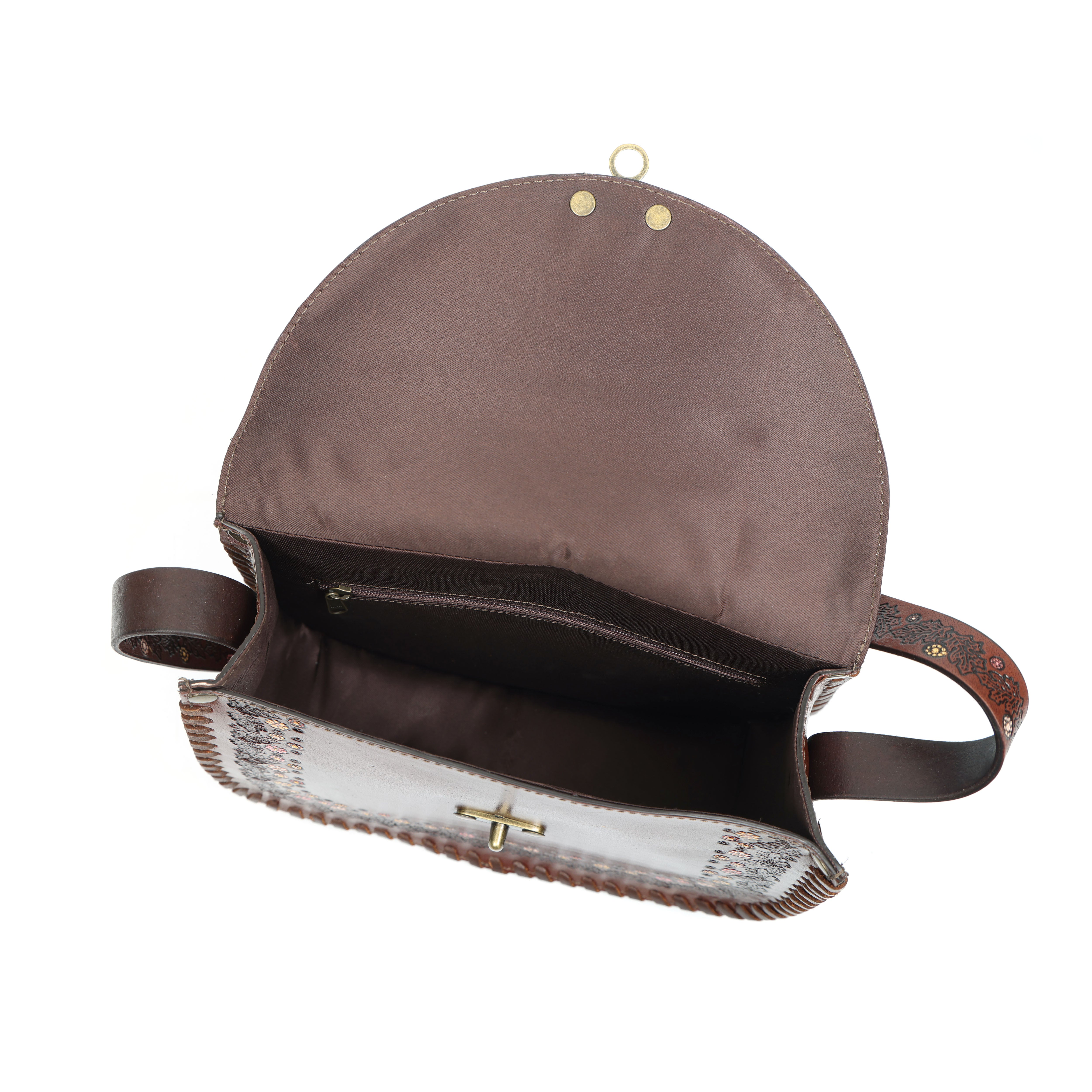 Handcrafted Sunflower Leather Saddle Bag – Brown Floral Sling Crossbody (EL-GM-44-ON)