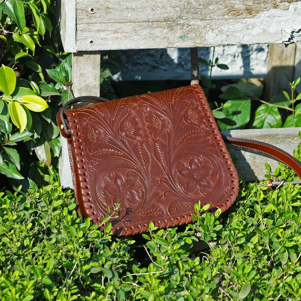 Black Tooled Leather Crossbody Bag – Handmade Boho Saddle Purse(BG-1615)