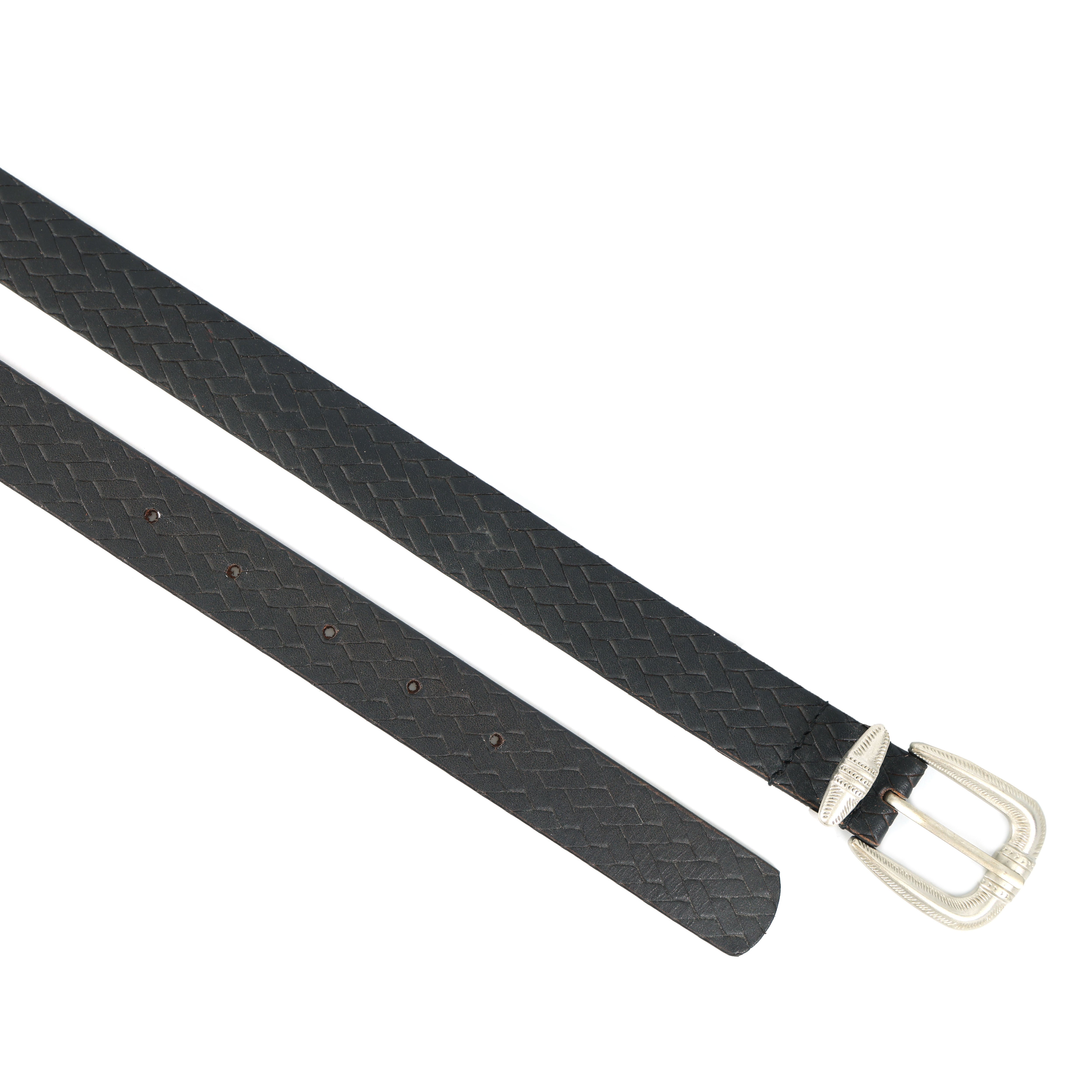 Black belt with a silver buckle on a white background