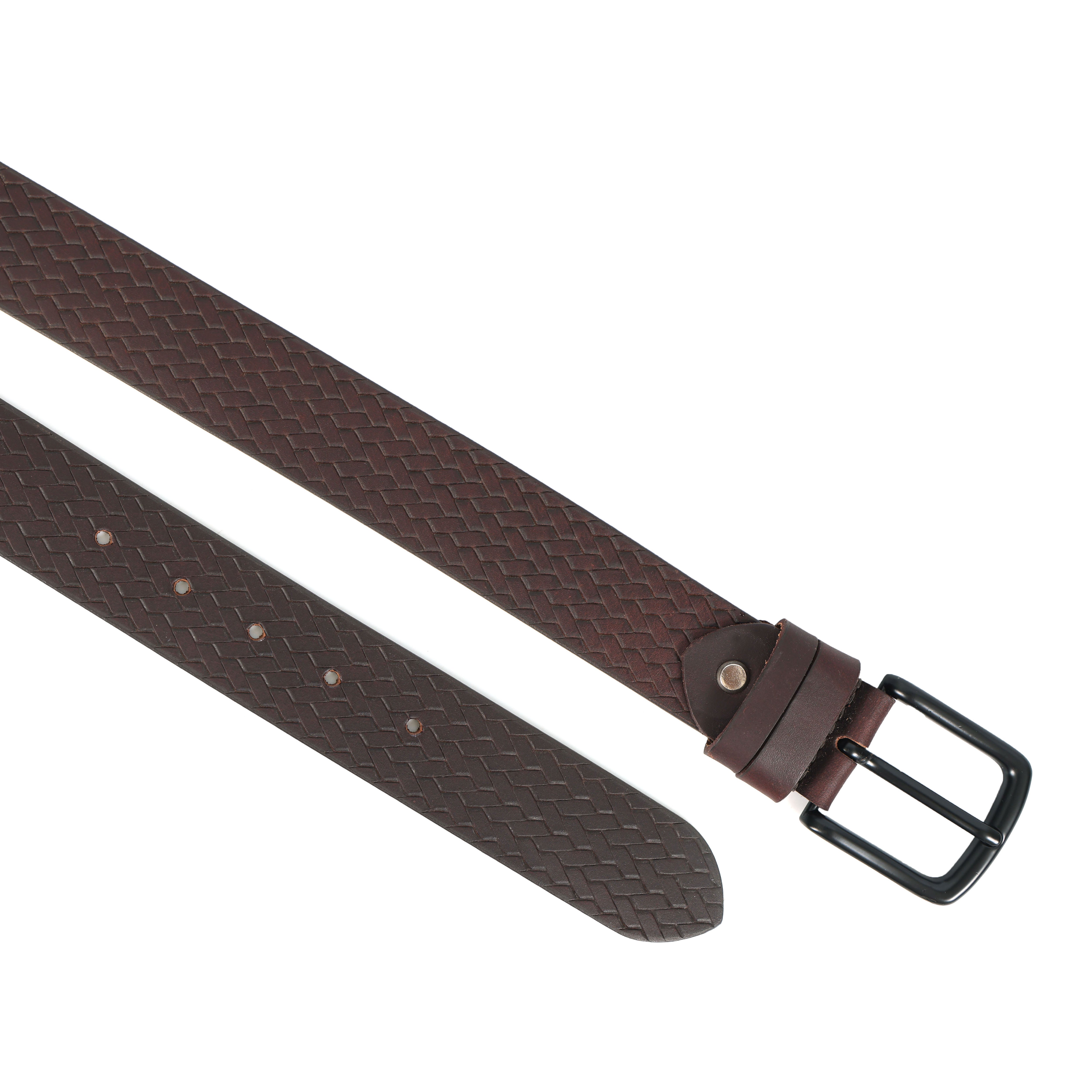 Brown Leather Men's Checked Patterned Belt | Matte Black Buckle | Double Loop
