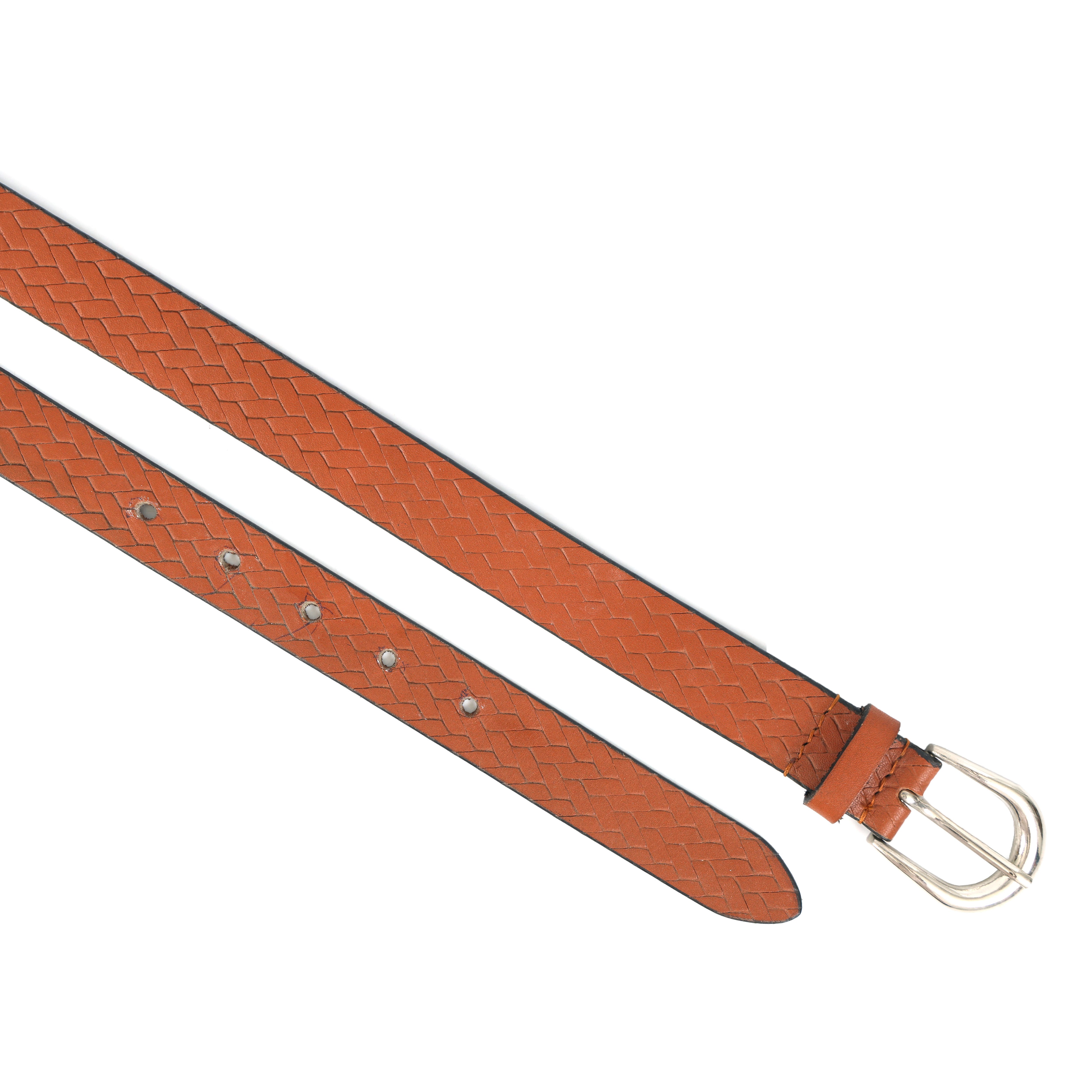 Brown leather belt with silver buckle on a white background