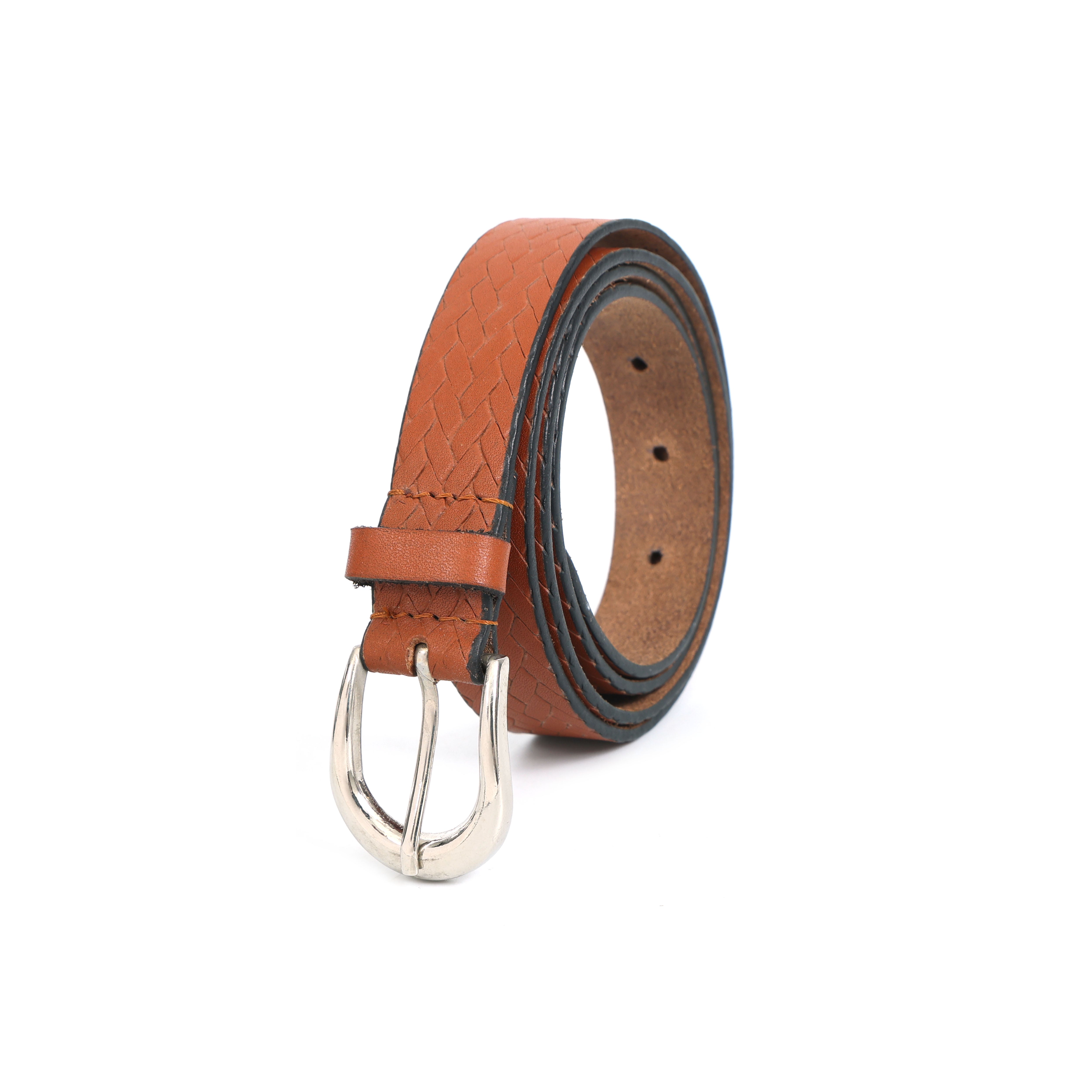 Brown leather belt with silver buckle on a white background