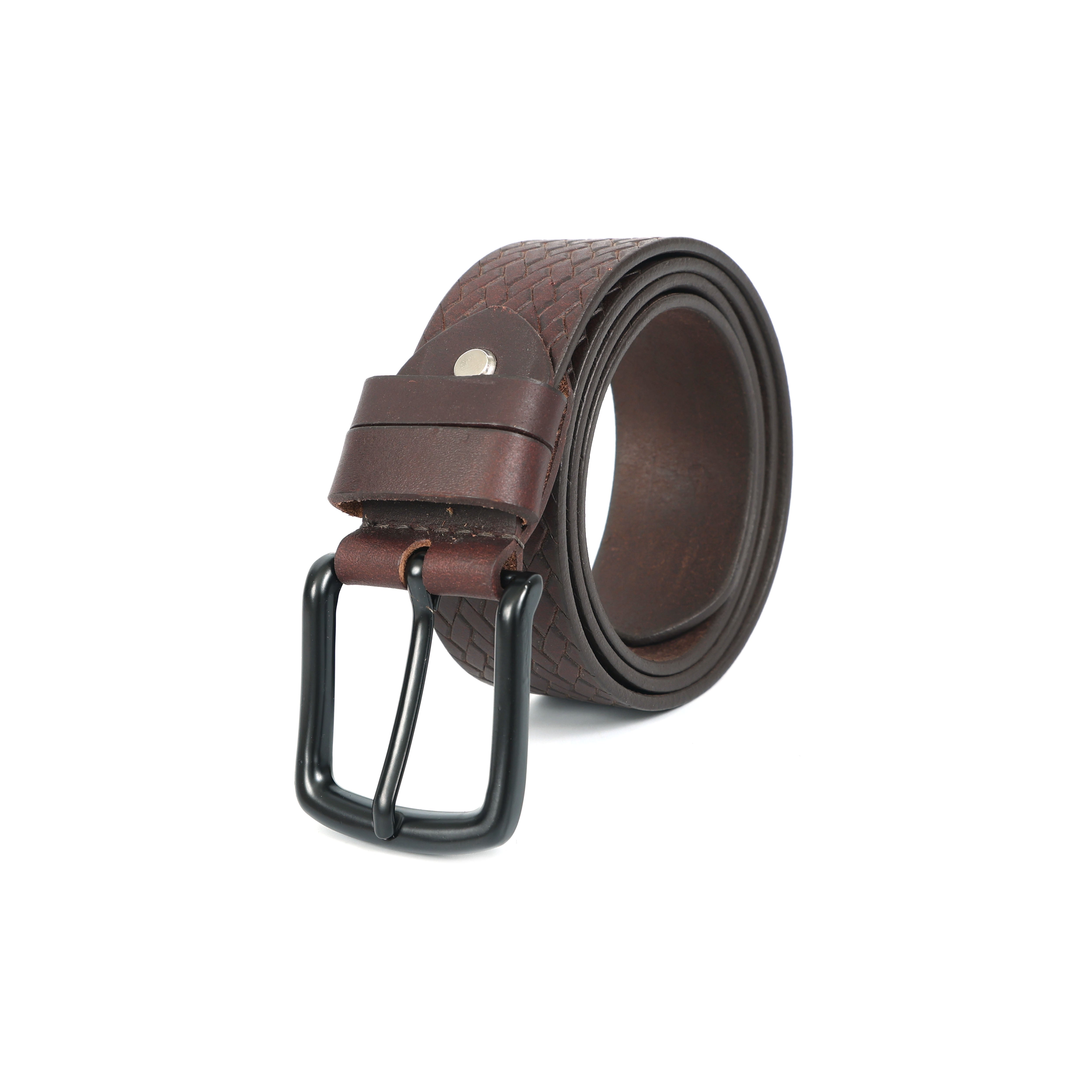 Brown leather belt with a black buckle on a white background