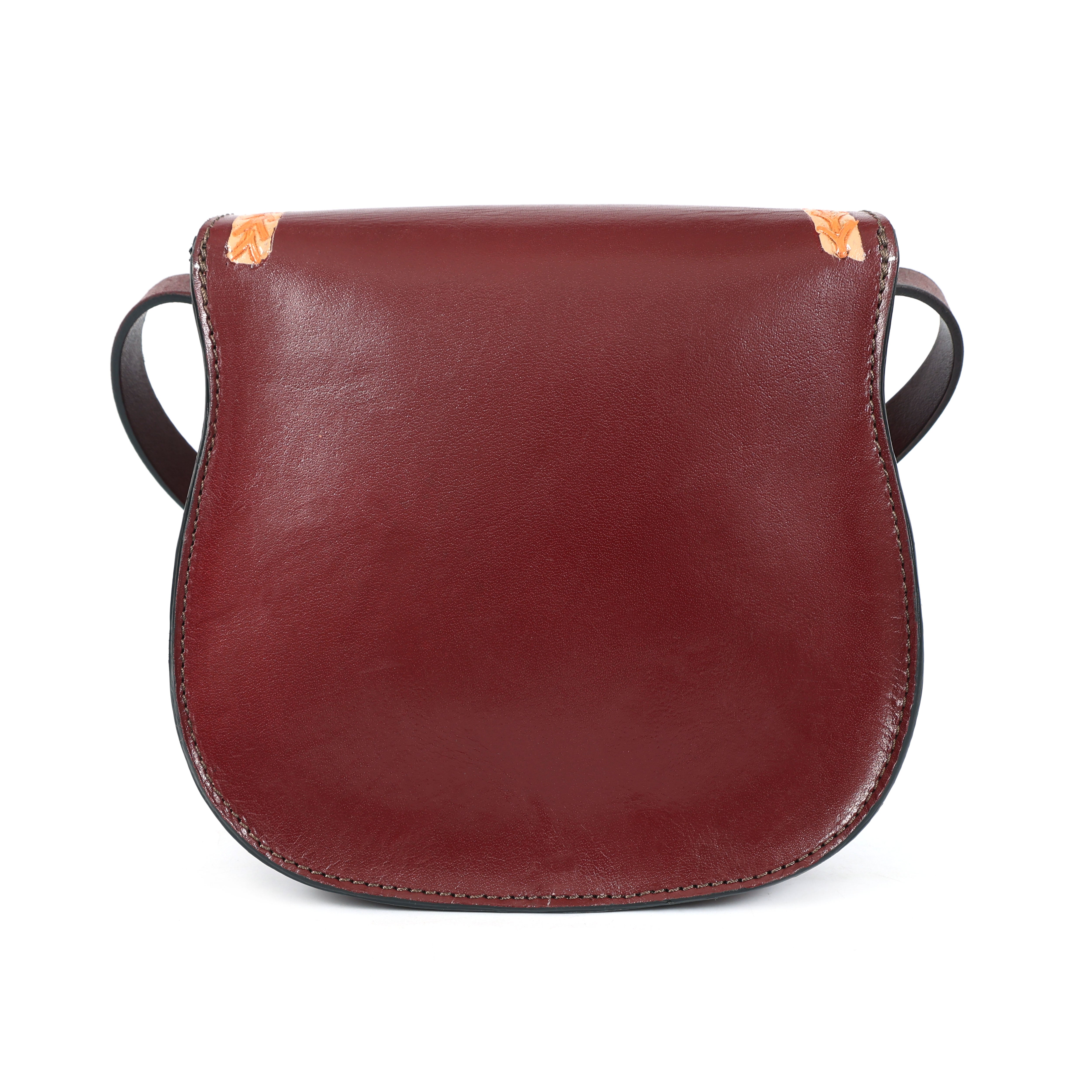 Lunar Bordeaux Handmade Leather Tooling Crossbody Bag – Moon & Floral Design |Artisan Sling Bag(EL-GM-43-ON)